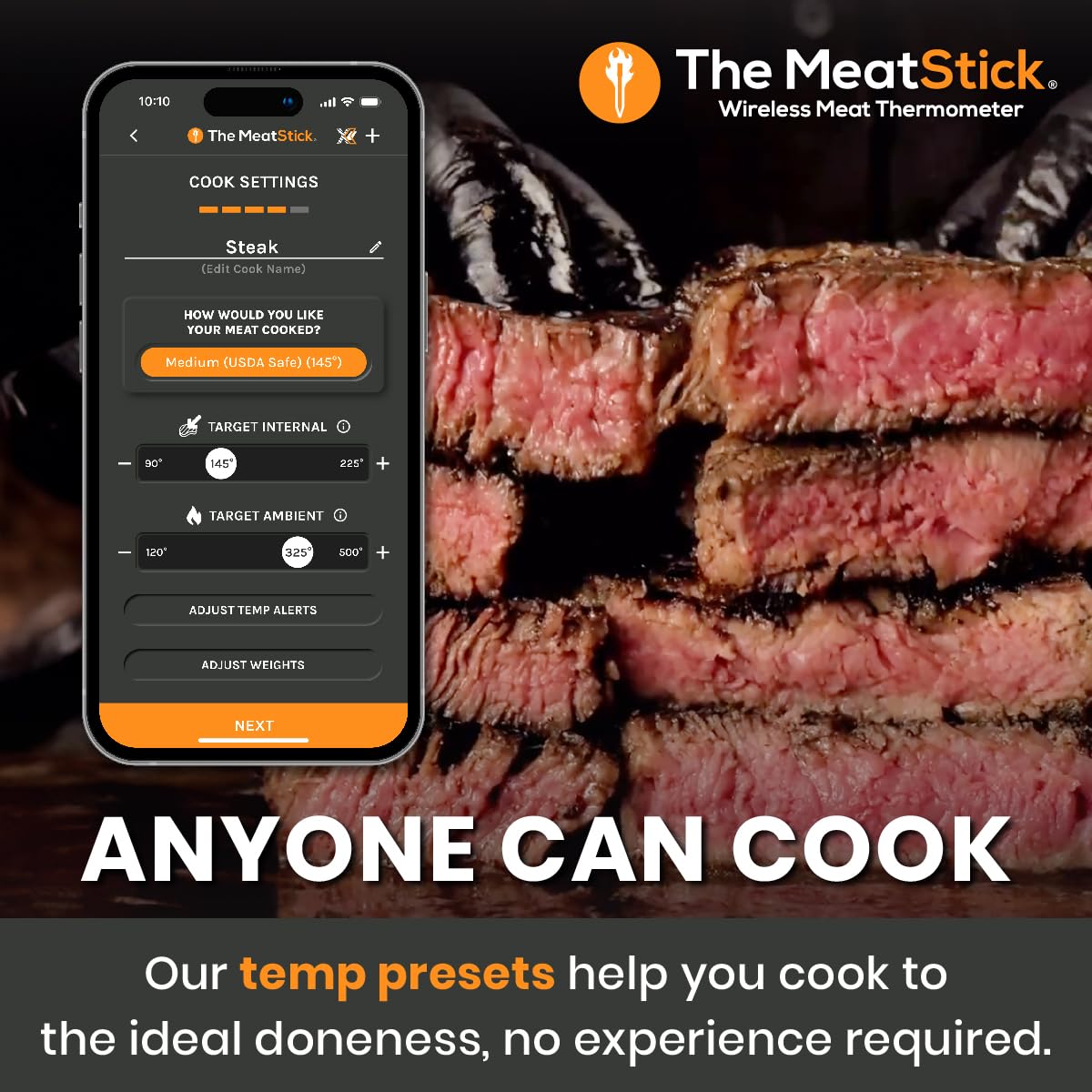 MeatStick - Wireless Smart Meat Thermometer for Grilling, Smoking, BBQ, Air Fryer, Oven & Sous Vide | Bluetooth Meat Probe for Perfect Steak, Turkey & Roasts | Indoor & Outdoor Cooking Thermometer