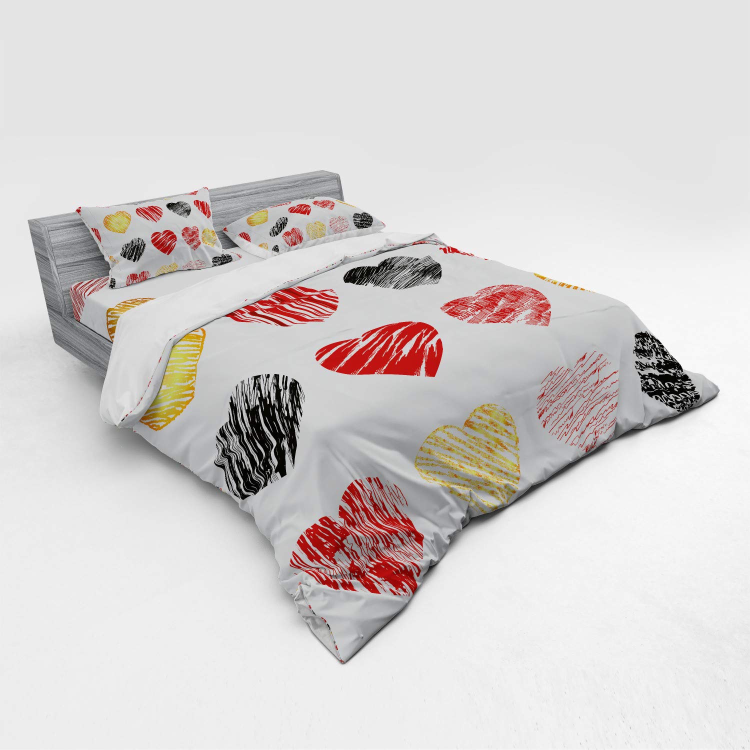 Ambesonne Romance Bedding Set - King Size 4-Piece Duvet Cover with Shams & Fitted Sheet, Hand-Drawn Heart Love Print in Pale Coffee Black Red | Valentine's Wedding Theme Bedroom Decor for Couples