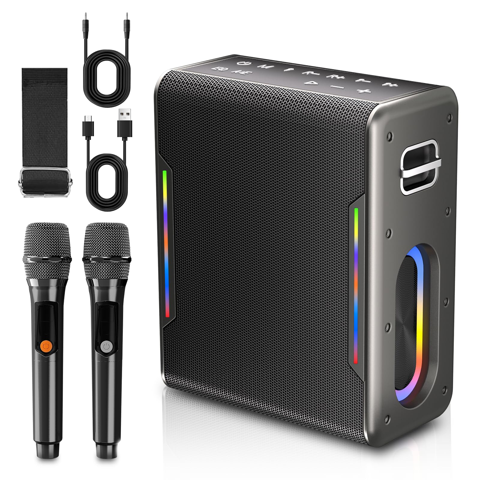 Portable Karaoke Machine with 2 Wireless Microphones - Bluetooth Speaker for Adults & Kids, PA System with LED Lights, Voice Modes, BT/TWS/AUX/USB/TF Support - Perfect for Home Parties, Birthday Celebrations & Outdoor Gatherings (Black)