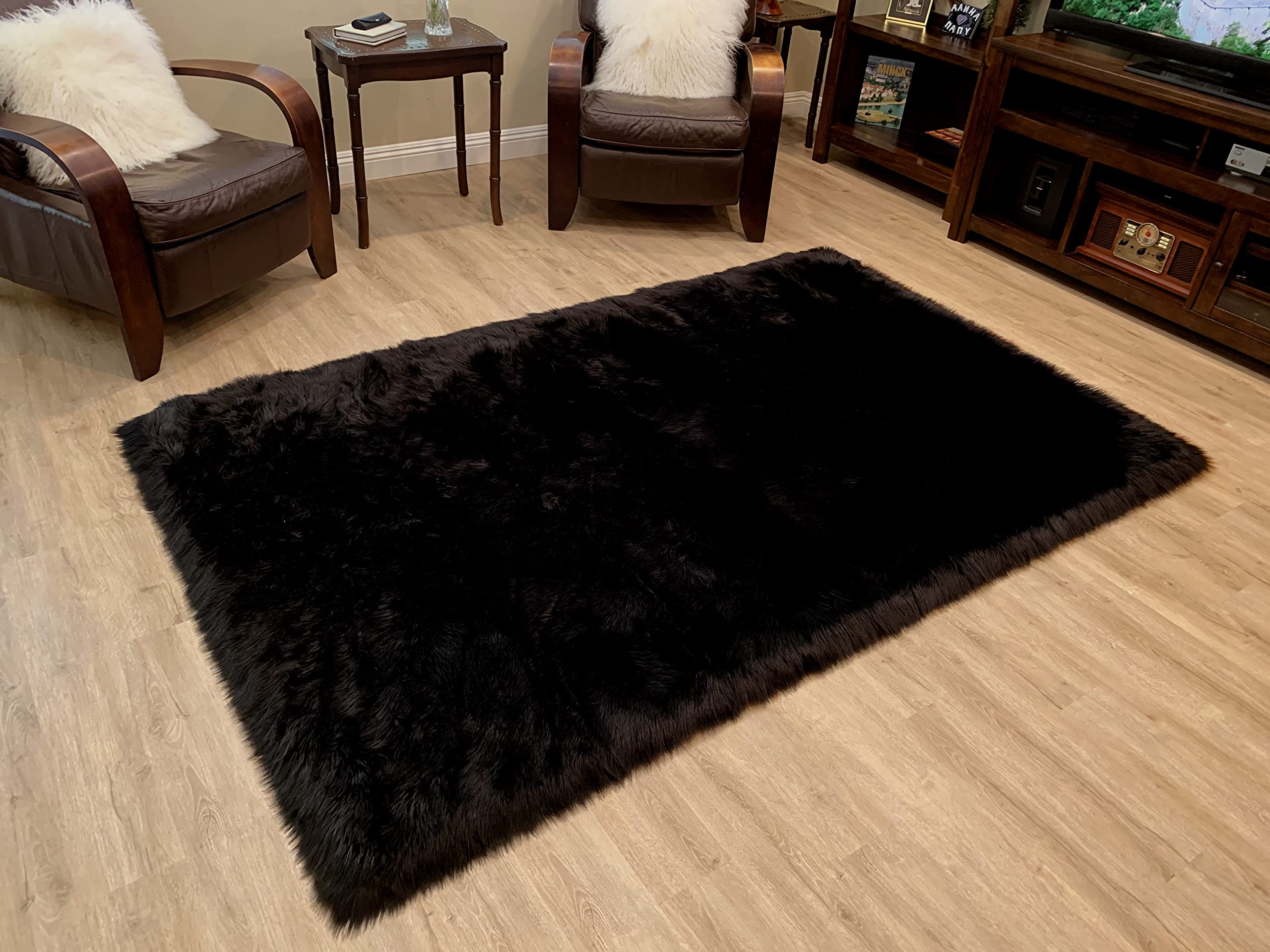 LAMBZY Faux Sheepskin Rug - Super Soft Hypoallergenic Shaggy Carpet for Living Room, Bedroom, Nursery - 5x8 Feet Black Fluffy Area Rug - Perfect for Cozy Home Decor, Kids Play Area & Sofa Accent