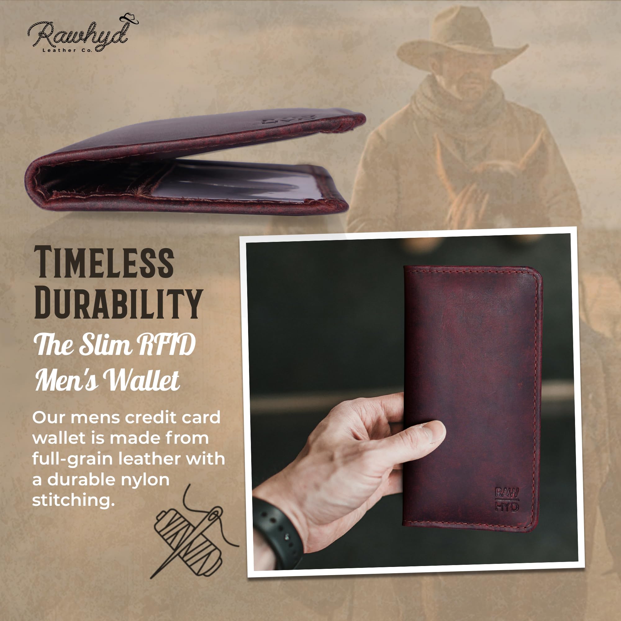 Premium Full-Grain Leather Bifold Wallet for Men - Classic Western Cowboy Wallet with RFID Protection - Durable Rodeo Wallets for Everyday Use - Perfect Checkbook Cover & Gift for Him - Ideal for Work, Travel and Outdoor Adventures