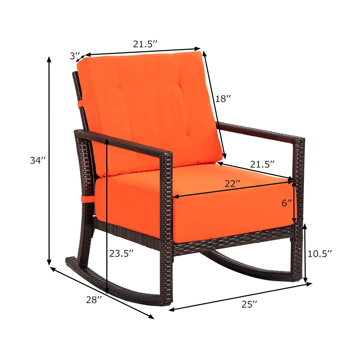 Tangkula Orange Rattan Rocking Chair - Outdoor Patio Rocker with Cushion, Weather-Resistant Wicker Armchair for Garden, Porch & Backyard Relaxation