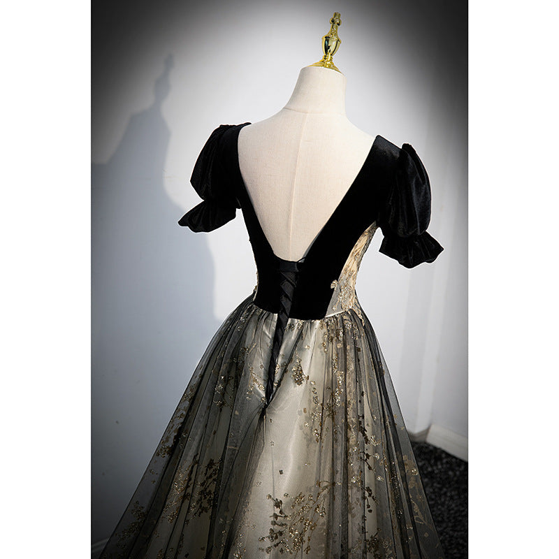 Elegant Black A-Line Long Prom Dress with Sequins, Velvet & Tulle - Formal Evening Gown 645 for Homecoming, Ball, Wedding & Special Occasions
