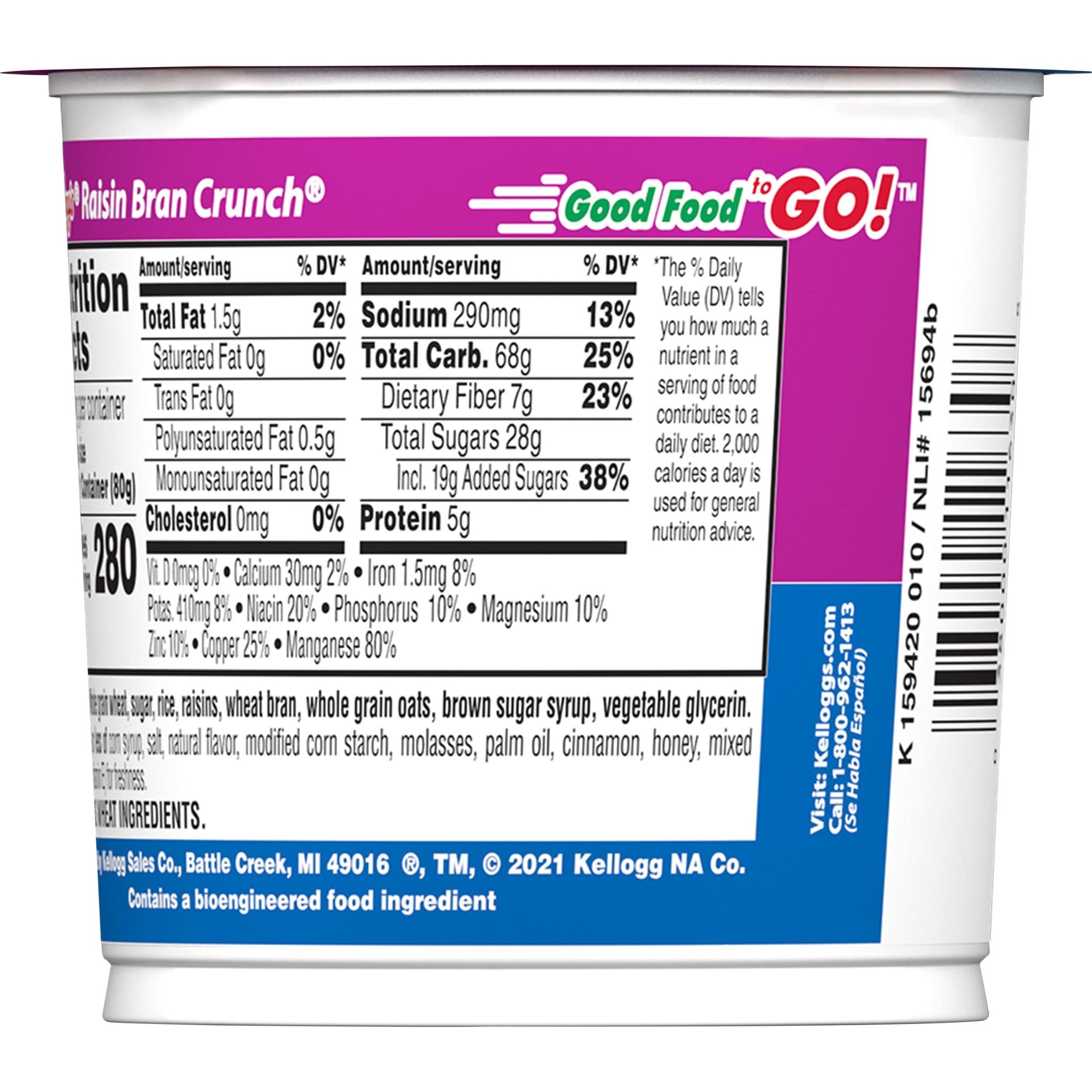 Kellogg's Raisin Bran Crunch Breakfast Cereal Cups - High Fiber Cereal with Real Raisins & Whole Grain, Original Flavor, 33.6oz Case (12 Single-Serve Cups) - Perfect for Quick Breakfast, Office Snacks & On-the-Go Nutrition