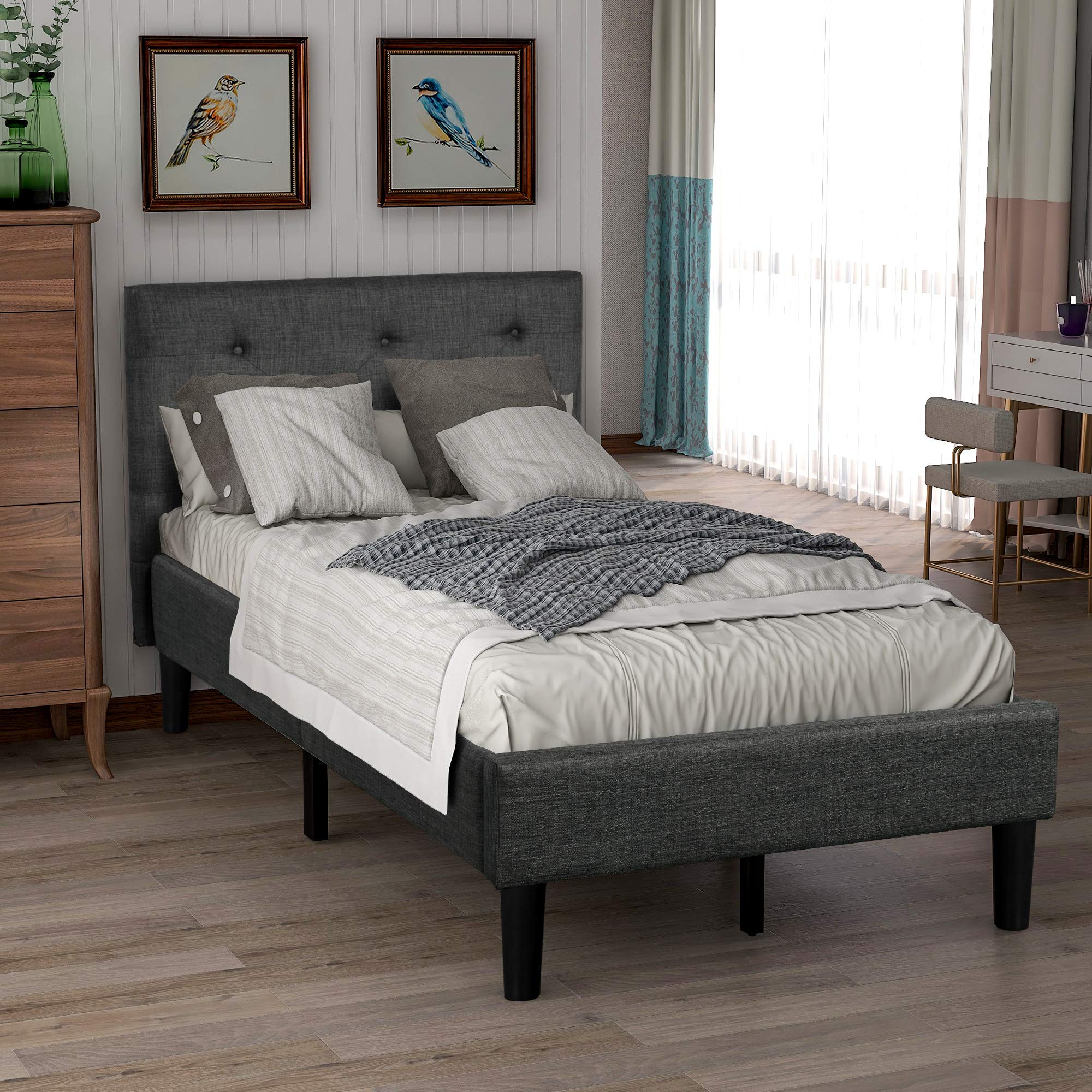 Upholstered Button Tufted Twin Size Platform Bed with Strong Wood Slat Support - Gray Modern Bed Frame for Small Bedrooms, Guest Rooms & Dorm Rooms