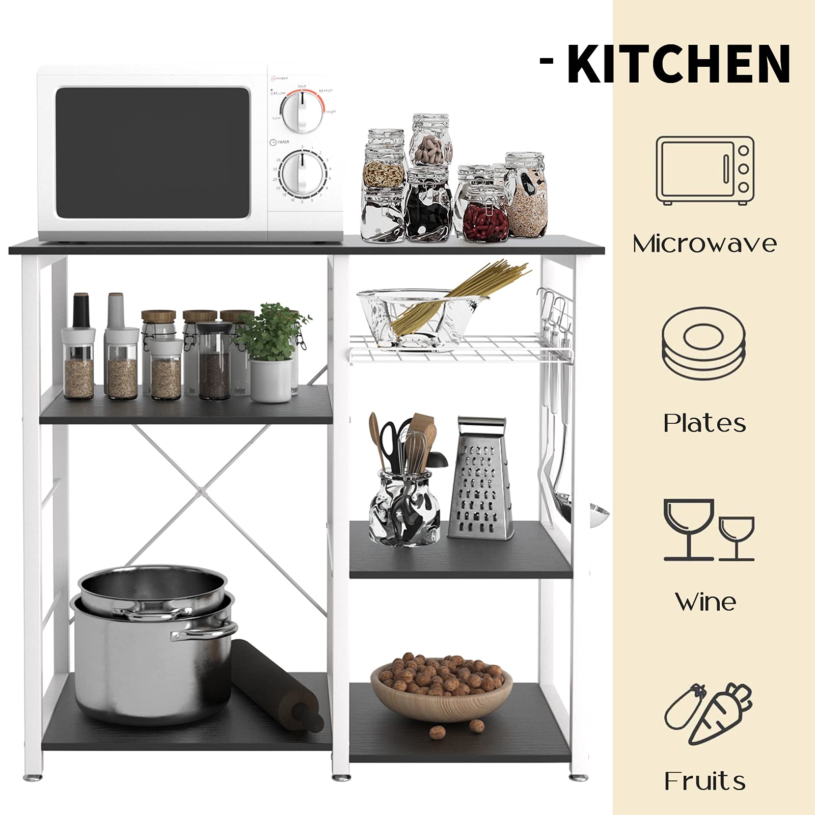 SogesPower 3-Tier Kitchen Baker's Rack with Microwave Stand - Heavy Duty Storage Shelf Organizer for Kitchen, Living Room & Hallway - Space Saving Multifunctional Utility Shelf (Black) - Perfect for Small Apartments & Home Organization