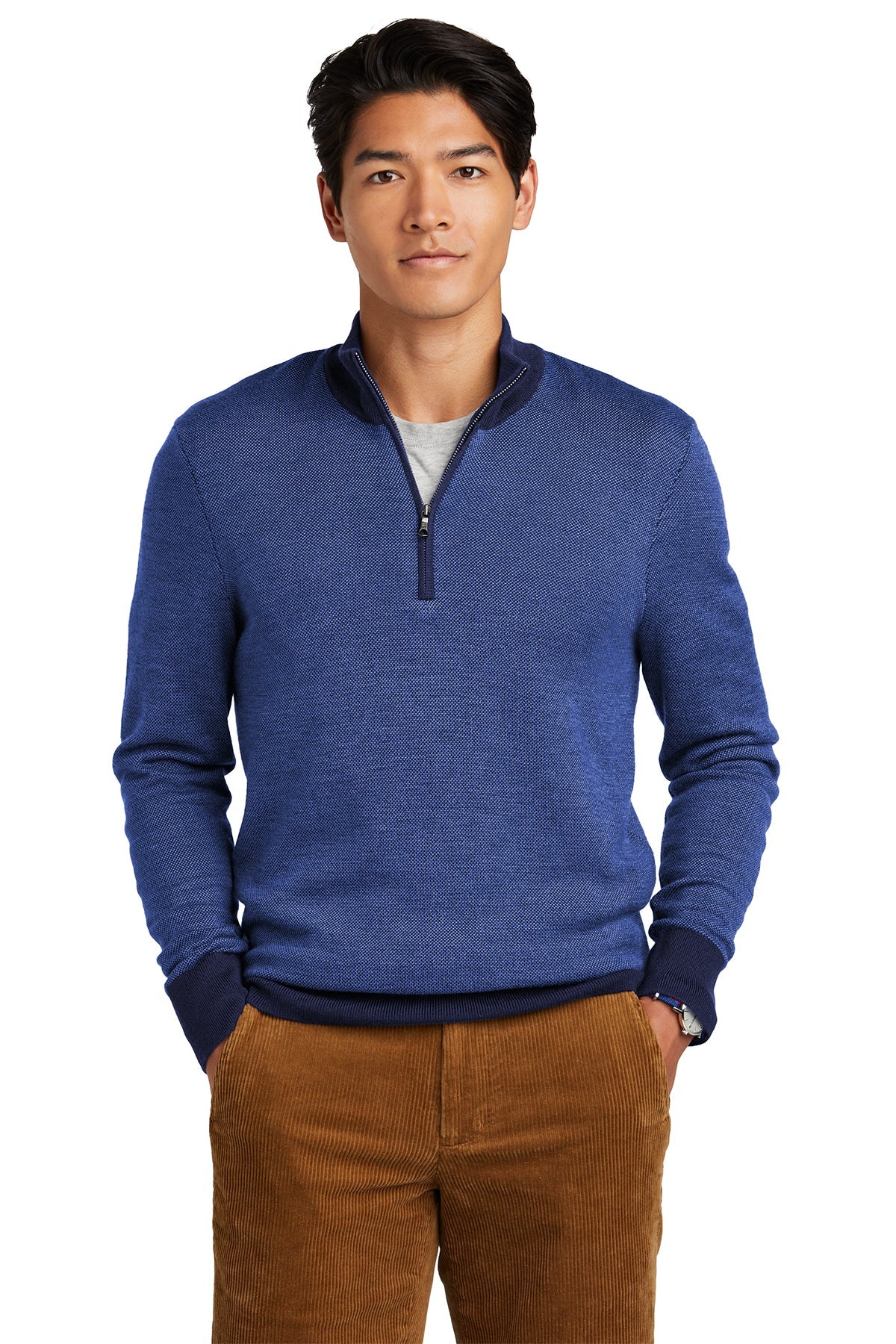 Brooks Brothers Washable Merino Wool Birdseye 1/4 Zip Sweater for Men - Navy & Compass Blue | Office Wear, Business Casual & Winter Layering