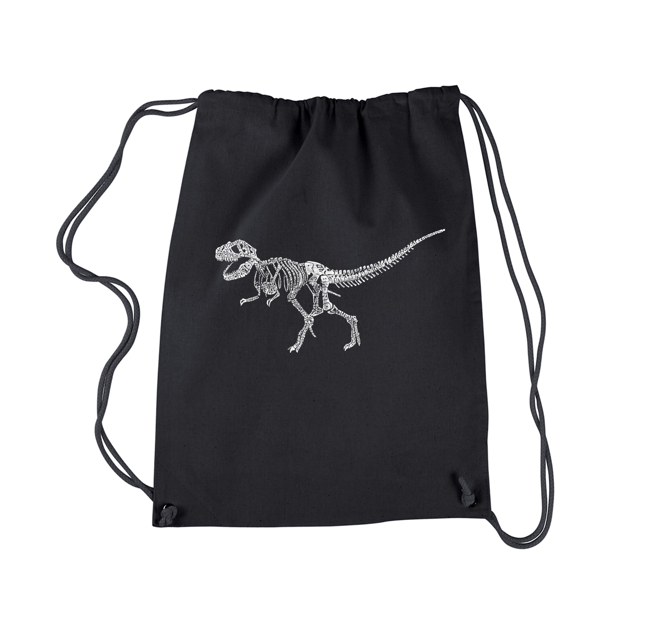Dinosaur T-Rex Skeleton Drawstring Backpack - LA POP ART Word Design - Black School Bag for Kids & Teens | Perfect for School, Travel & Outdoor Adventures
