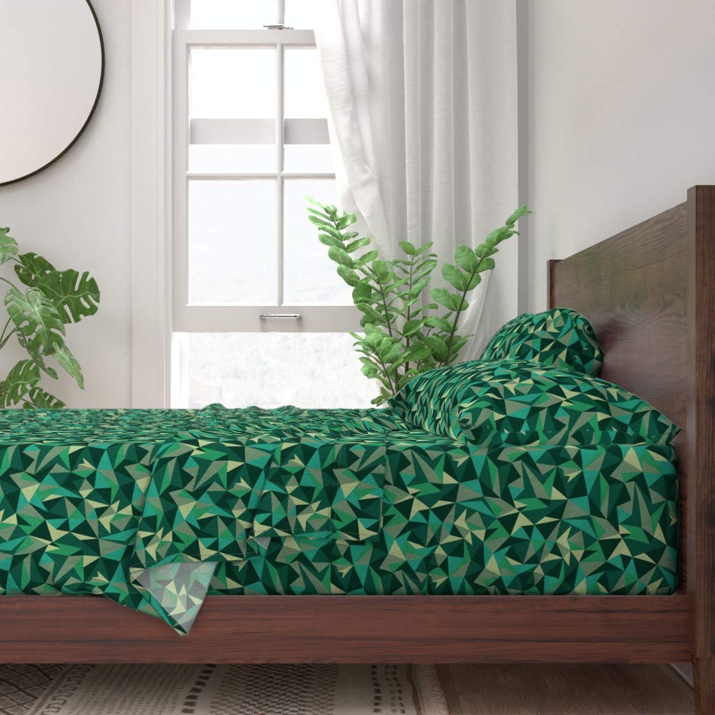 100% Cotton Twin Sheet Set - 3pc Emerald Origami Green Geometric Abstract Forest Print | Soft & Breathable Bedding for Home, Dorm, or Guest Room