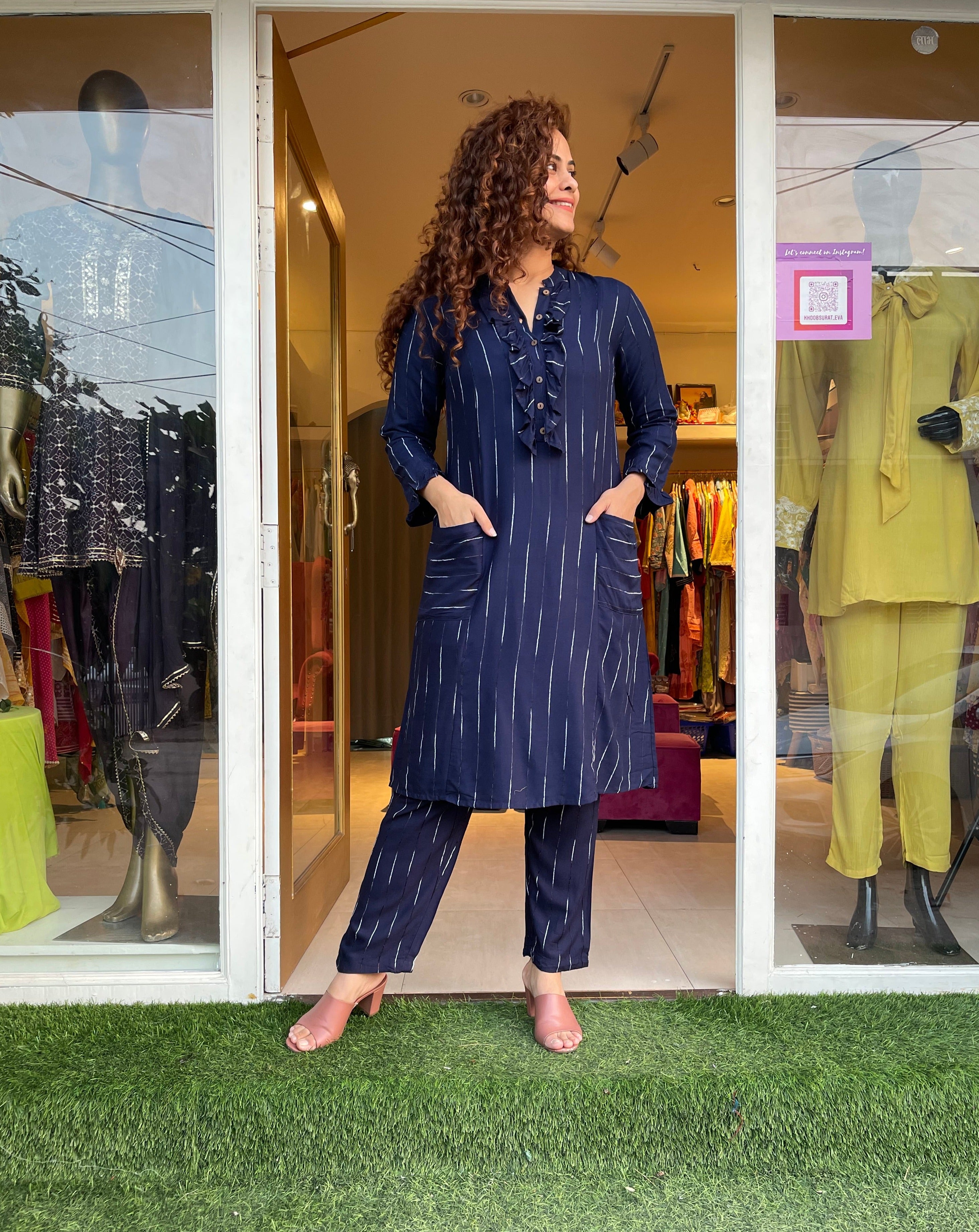 Navy Blue Striped Cotton Co-Ordinate Set for Women - Casual Summer Outfit for Beach, Vacation & Daily Wear