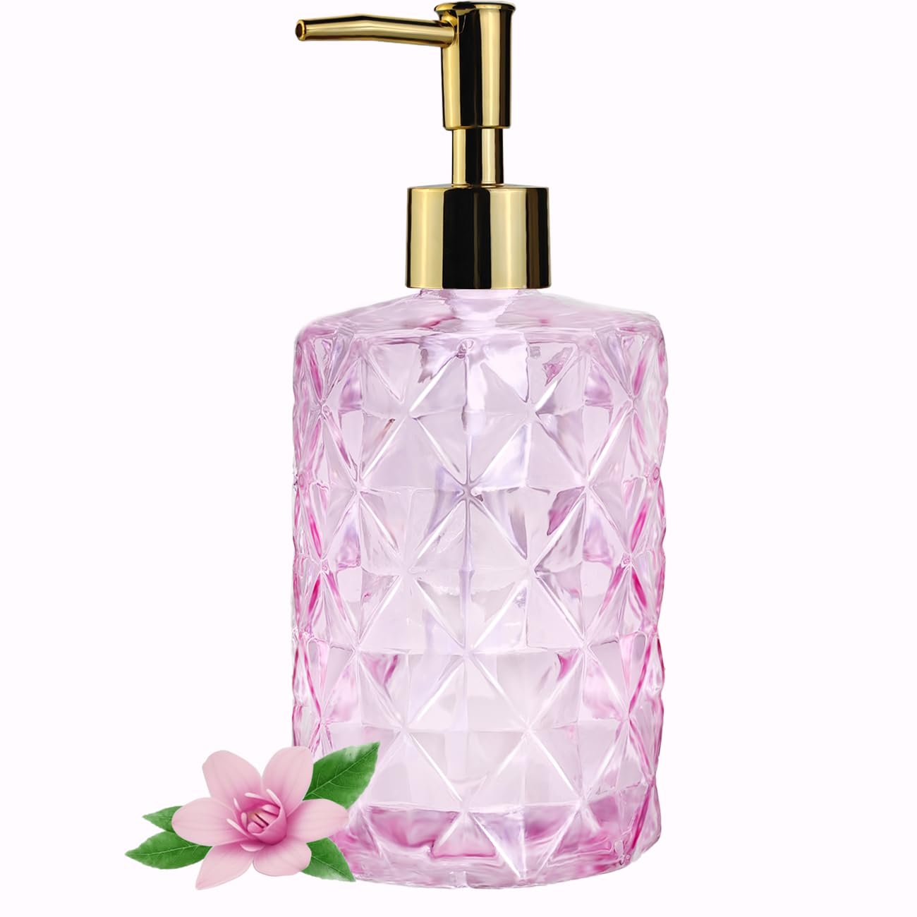 Elegant Pink Glass Hand Soap Dispenser for Bathroom & Kitchen - Cute Liquid Soap Pump with Dish - Perfect Home Decor Accessory for Sink Counter, Vanity & Guest Bathroom