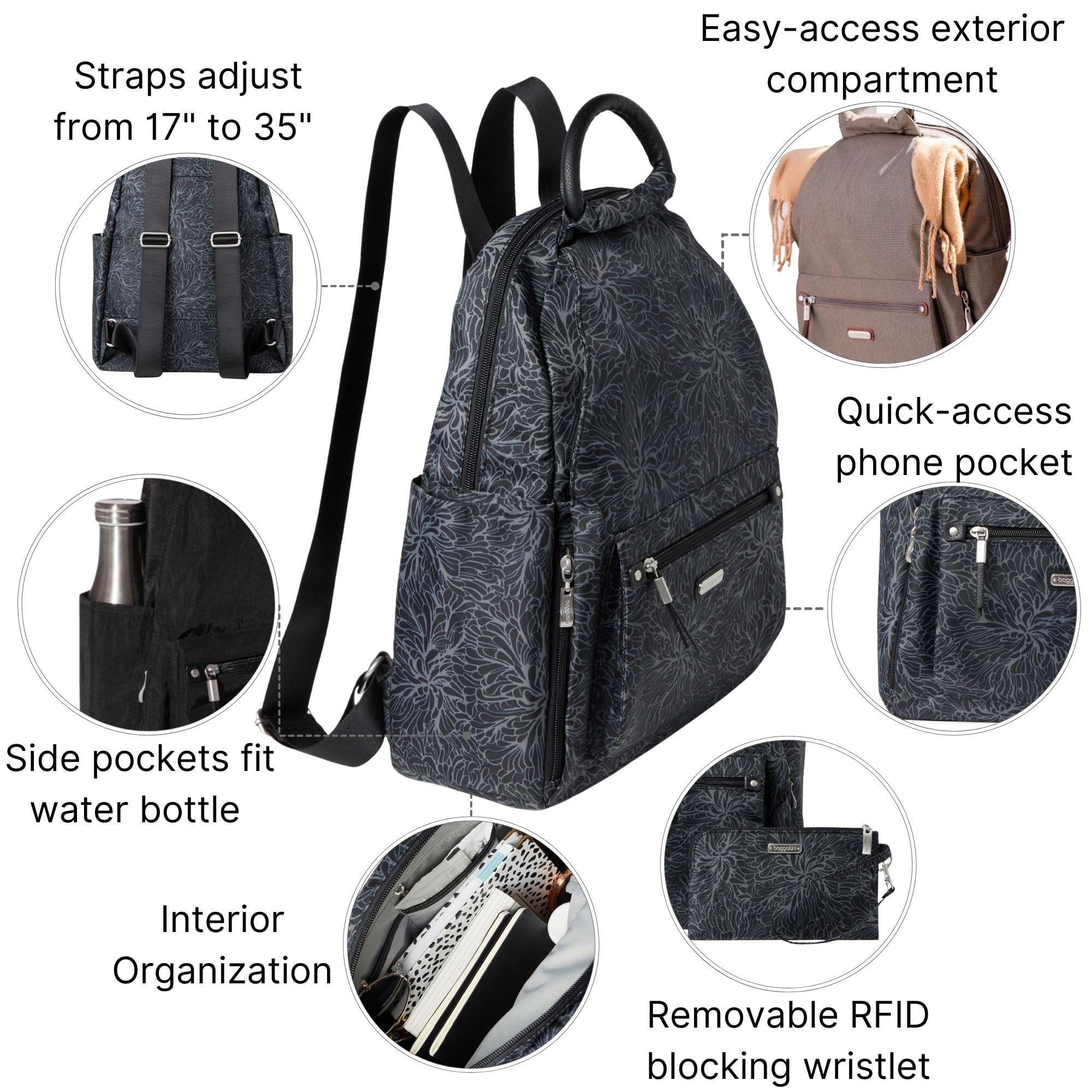 Baggallini Women's All Day Backpack - Lightweight Travel Laptop Backpack with Multiple Pockets, Midnight Blossom Print, One Size Fits All - Perfect for Work, Commuting & Weekend Getaways