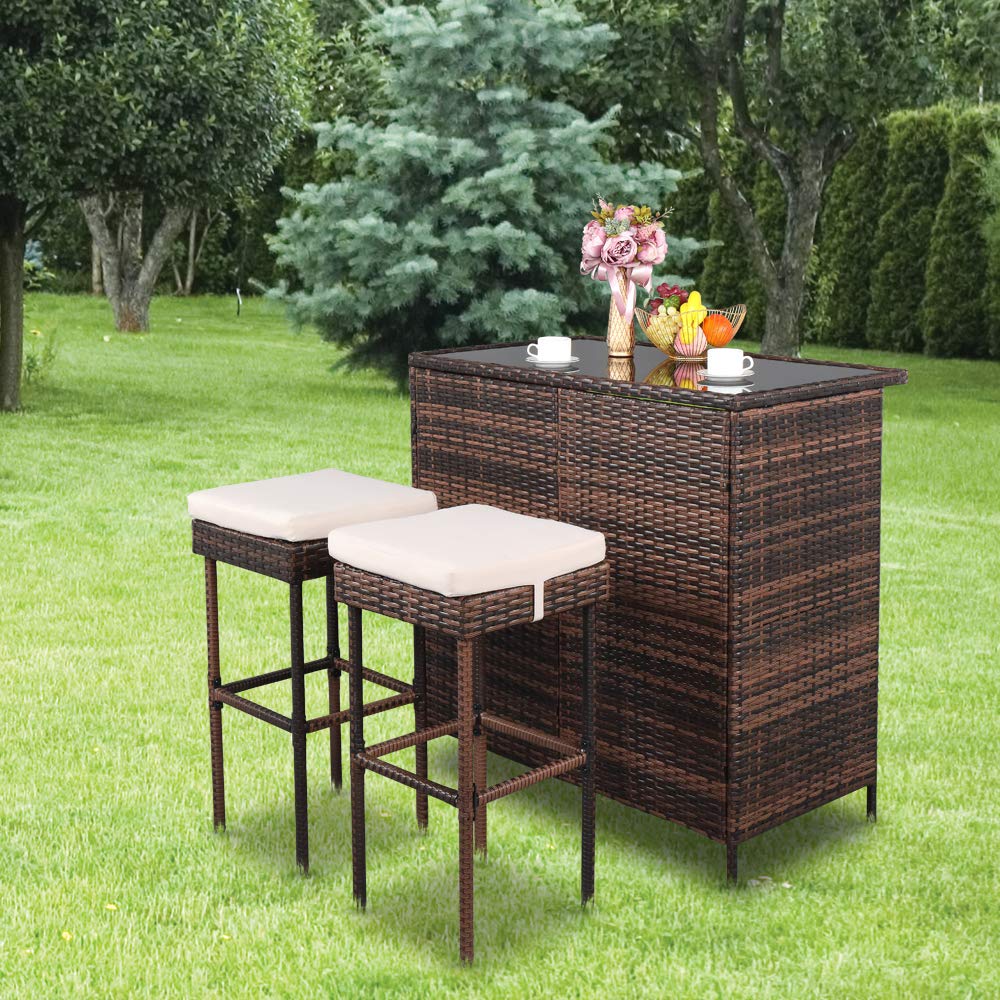 HomVent 3-Piece Outdoor Wicker Bar Table Set - PE Rattan Bar Height Table with 4 Stools, Steel Frame & Glass Top - Perfect for Patio, Poolside, Lawn, Backyard & Garden Entertaining