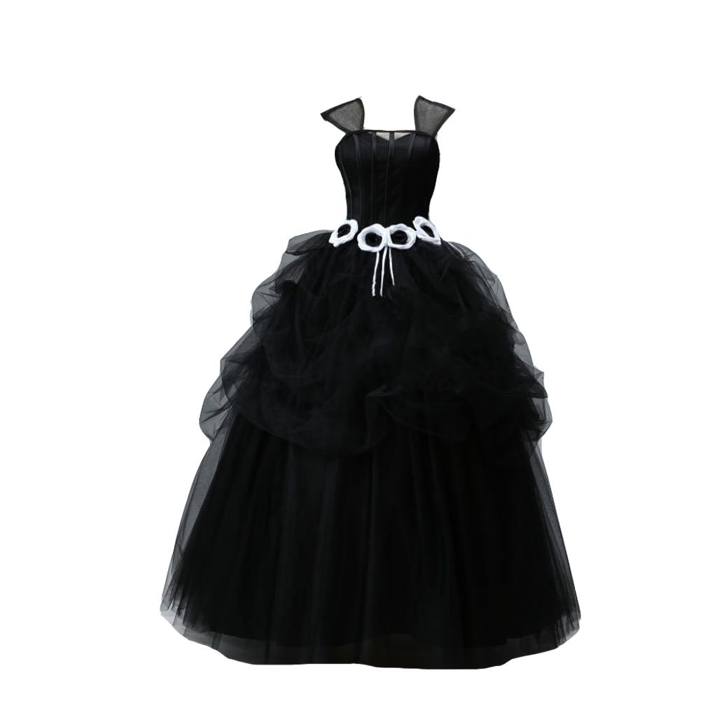 Kivary® Black Tulle Ball Gown with Floral Appliques & White Cap Sleeves - Gothic Prom Dress, Wedding Gown for Women | Perfect for Evening Parties, Formal Events & Dark Romance Themed Occasions