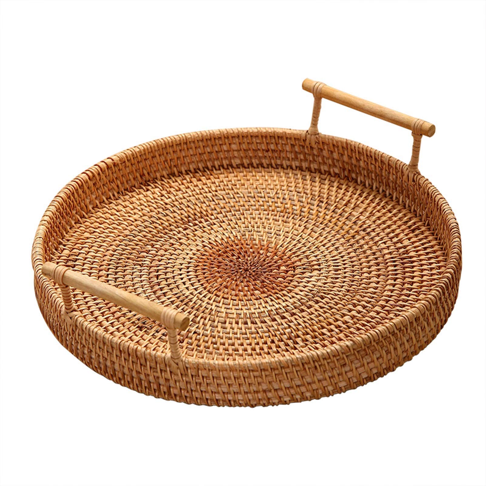 BZGWECD Large Round Rattan Storage Basket - Hand-Woven Wicker Tray with Handle for Bread, Fruits & Food Display - Perfect for Kitchen Organization, Breakfast Serving & Home Decor