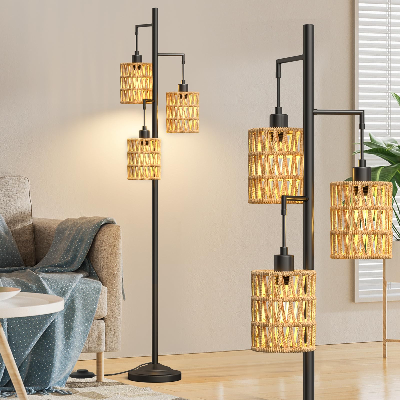 CNXIN 3-Light Boho Rattan Floor Lamp with Wood Lampshades & Foot Switch - 6W Bulbs Included - Tall Standing Tree Lamp for Living Room, Bedroom, Office - Perfect for Cozy Reading Nooks & Relaxing Spaces
