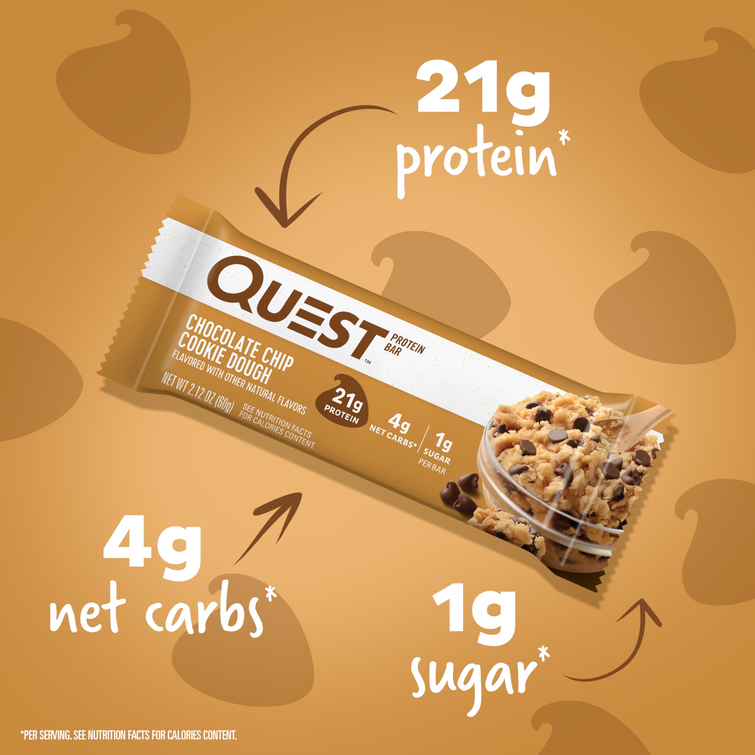 Quest Nutrition Chocolate Chip Cookie Dough Protein Bars - 12 Pack | 21g Protein, 1g Sugar, 4g Net Carbs | Gluten Free, Keto Friendly Snacks | Perfect for Workouts, Travel & On-the-Go Nutrition