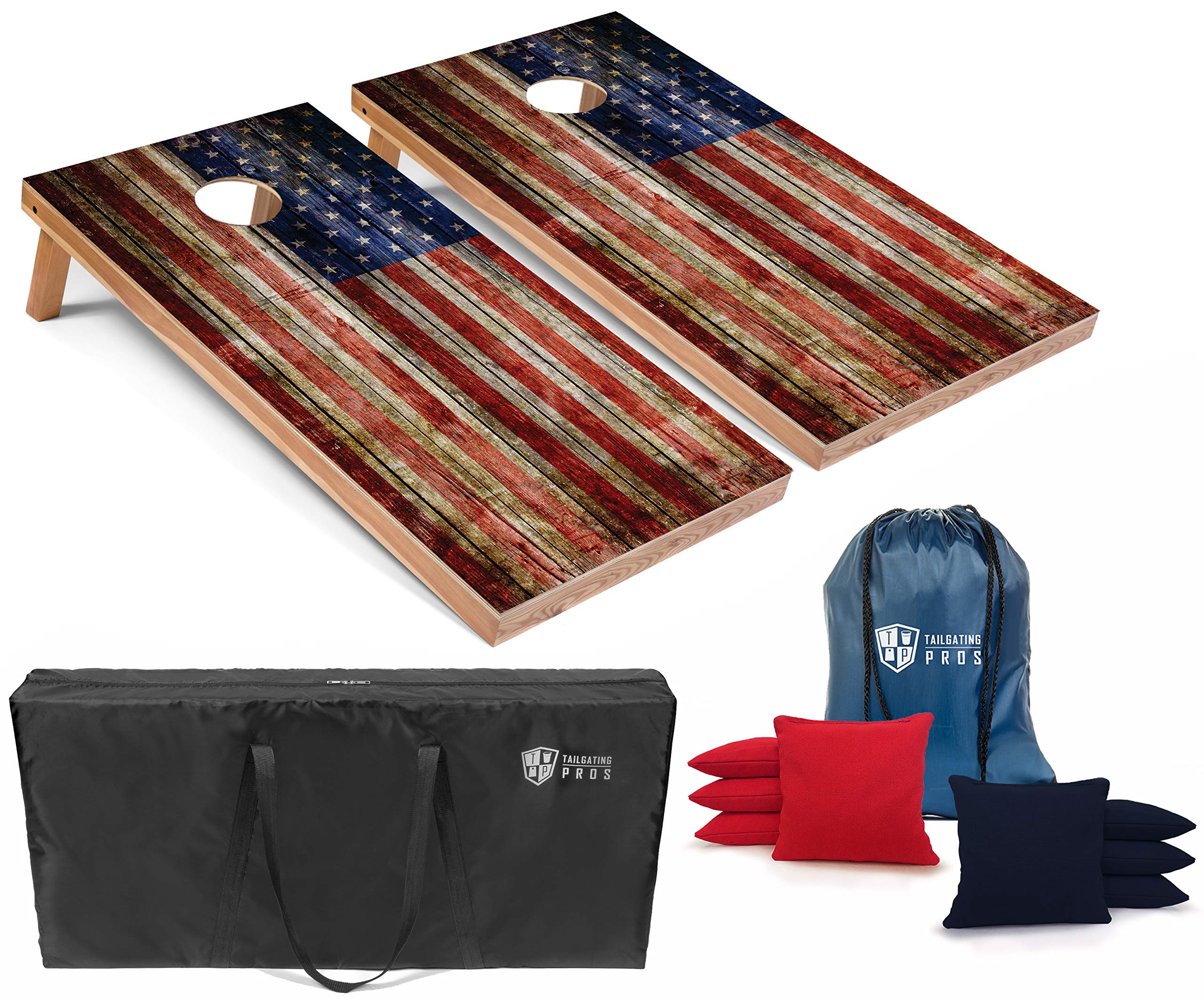 American Flag Wooden Cornhole Board Set with Bean Bags & Carrying Case - 4'x2' Premium Outdoor Toss Game for Tailgating, Backyard Parties, and BBQ Events