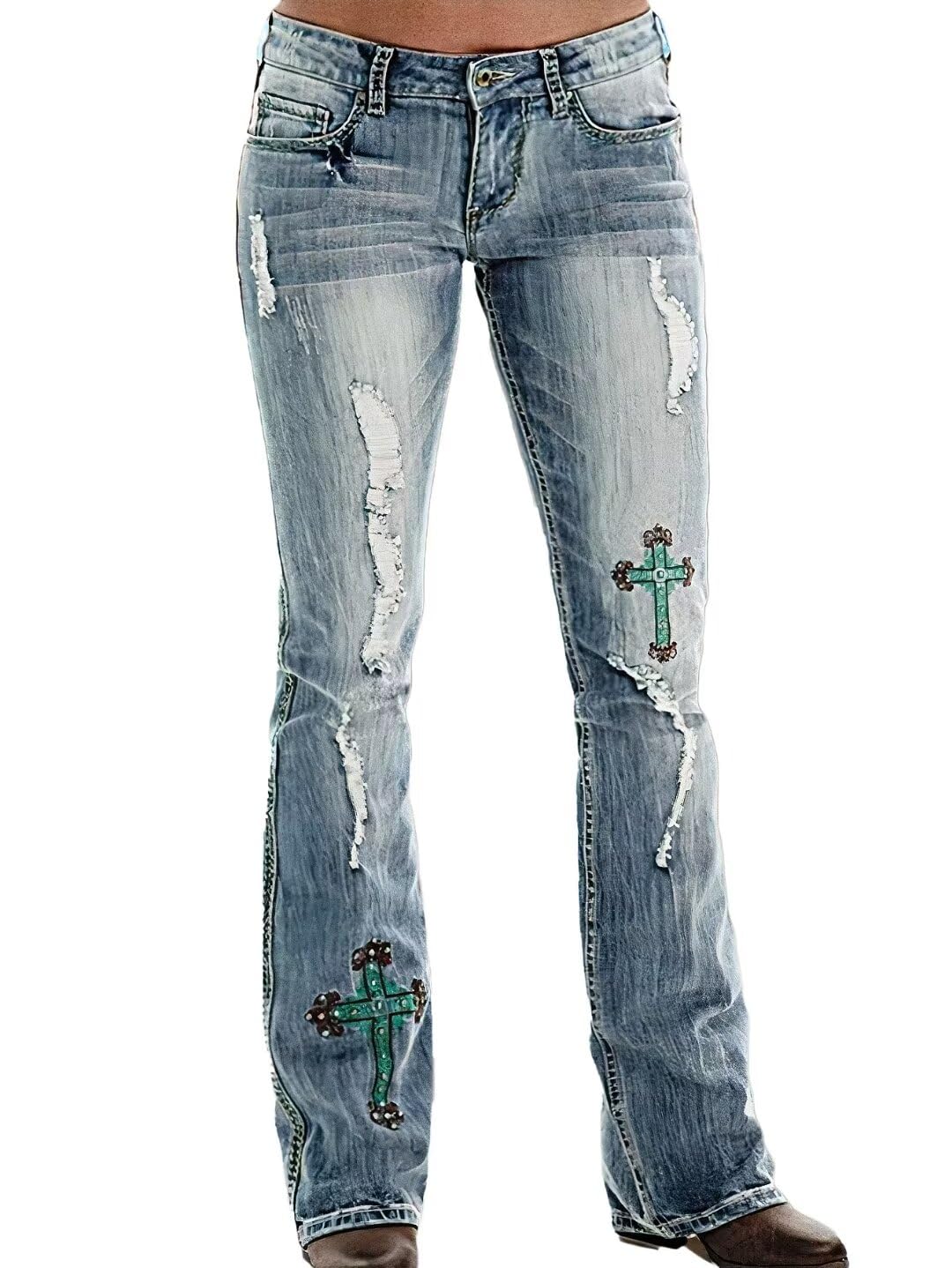 Flamingals Women's Distressed Bootcut Jeans - Low Rise Ripped Flare Denim Pants for Casual Wear & Night Out