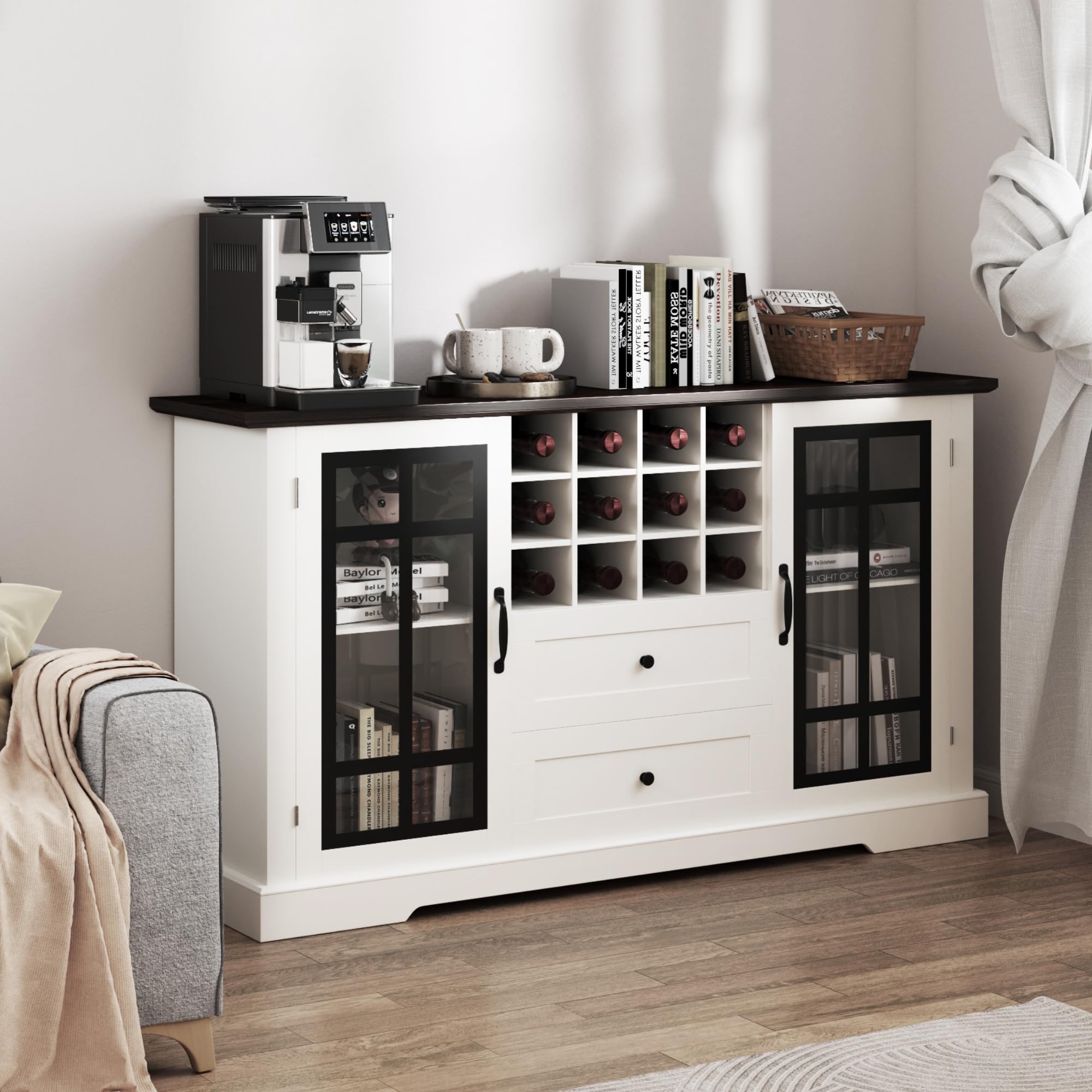 Real Relax Farmhouse Buffet Cabinet with Storage - 59'' Large Sideboard Wine & Coffee Bar Cabinet with 2 Glass Doors & Removable Wine Rack - Kitchen, Dining & Living Room Storage Furniture for Home Entertaining & Organization