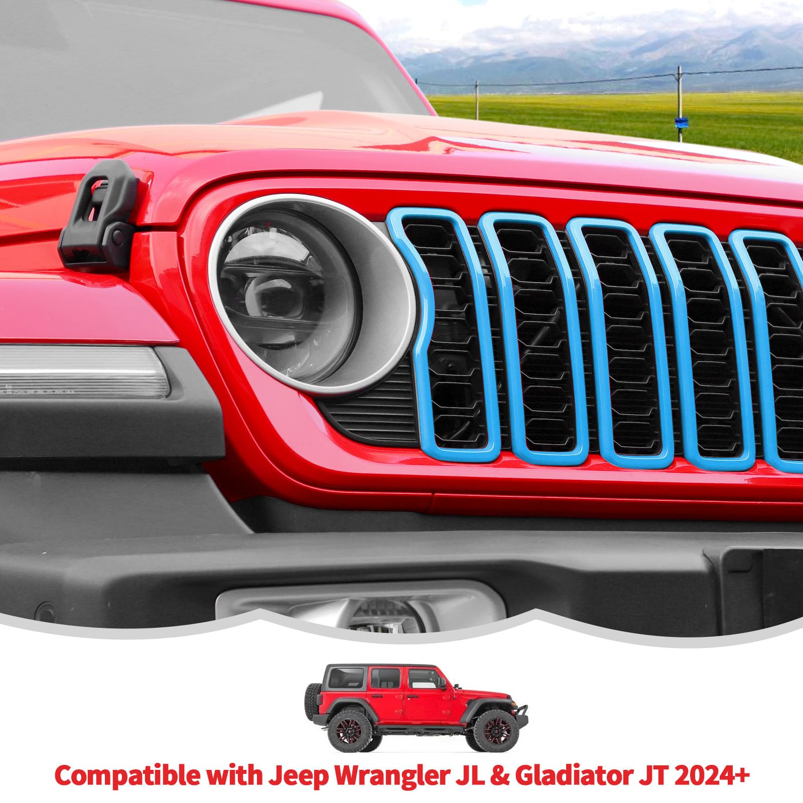 **2024+ Jeep Wrangler JL/JLU & Gladiator JT Front Grille Inserts – Light Blue Exterior Grill Decoration Accessories – Upgrade Your Off-Road Style**    *(Perfect for Off-Roading, Car Shows, and Custom Jeep Builds)*