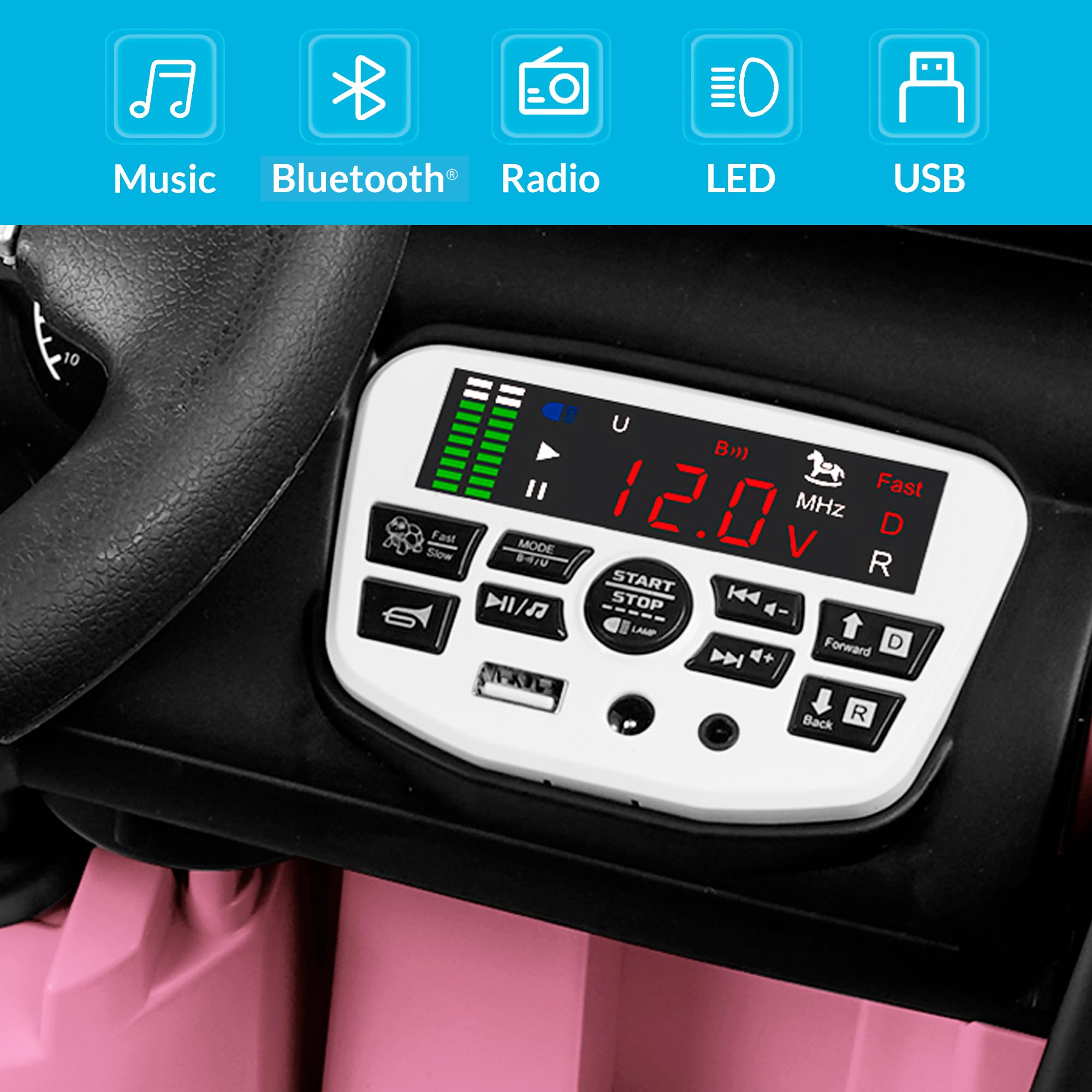 Kidzone 12V Battery Powered Ride On Truck - Electric Kids Car Toy with DIY License Plate, Parent Remote Control, MP3 Player, LED Lights & 2 Speed Modes - Pink | Perfect for Indoor & Outdoor Play, Birthday Gifts & Toddler Pretend Driving Fun