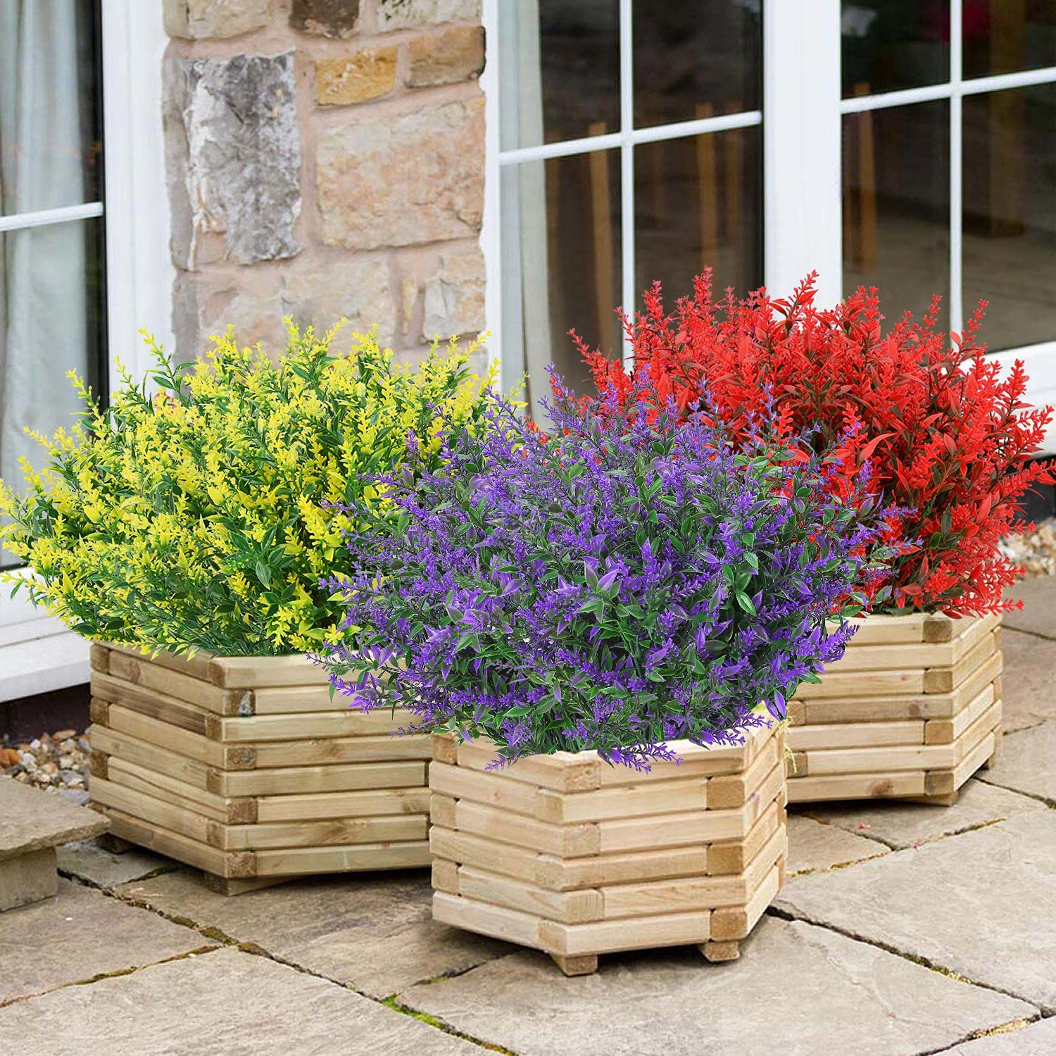 GREENRAIN 8 Pack Artificial Lavender Flowers - UV Resistant Faux Plastic Plants for Outdoor Garden, Porch & Window Box Decor - No Fade Purple Fake Flowers - Perfect for Home, Wedding & Party Decoration