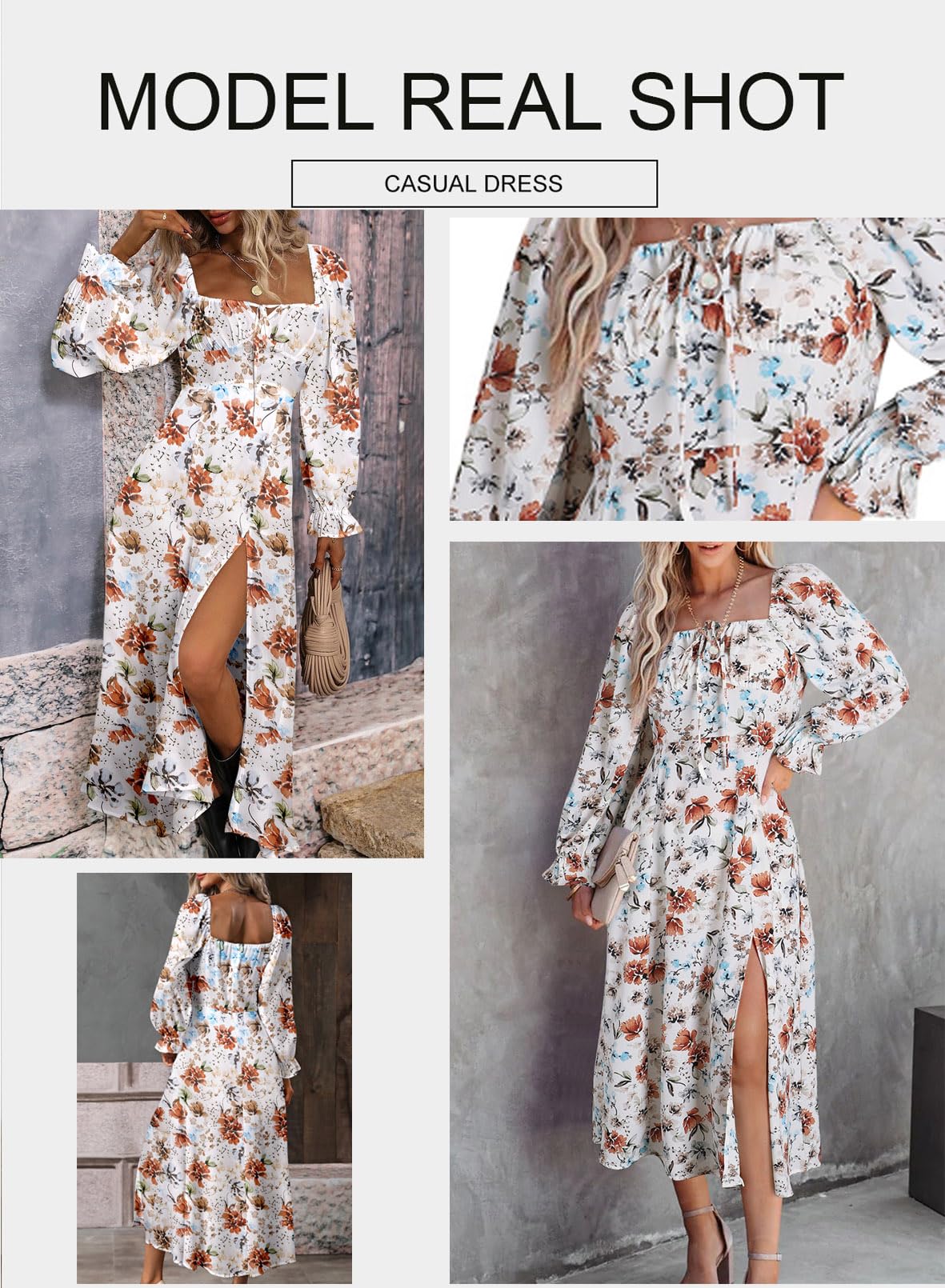 BLENCOT Women's Floral Print Puff Sleeve Maxi Dress - Square Neck Tie Front Ruffle Hem Split A-Line Beach Dress for Summer Vacation, Date Night & Boho Party Outfits