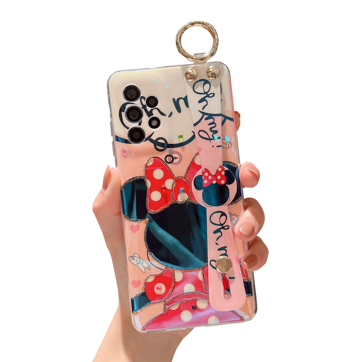 Cute Shockproof Protective Case for Samsung Galaxy A52 5G with Wrist Strap & Kickstand - Glitter Bling Cartoon IMD Soft TPU Cover for Girls & Women (Minnie Design) | Perfect for Daily Use, Work & Travel