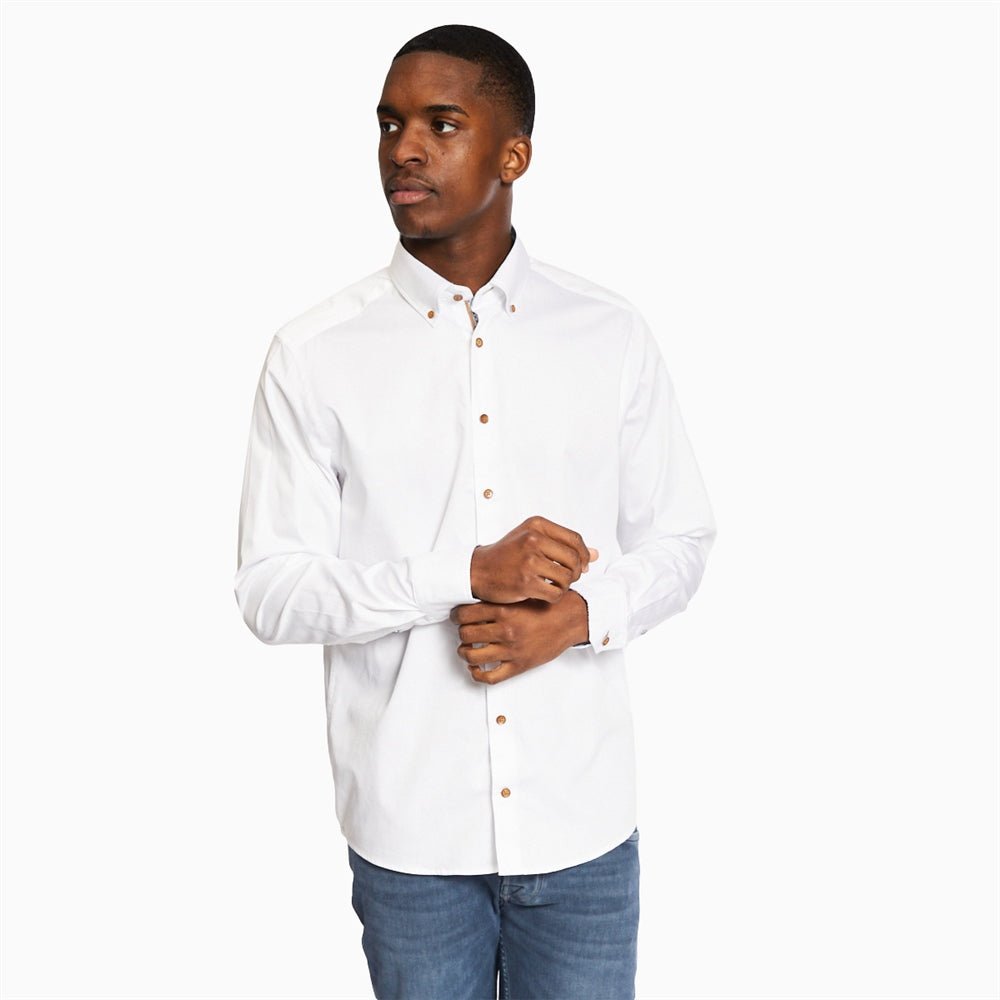 BUGATTI Men's Premium Button Down Long Sleeve Dress Shirt - White - Business Casual & Office Wear