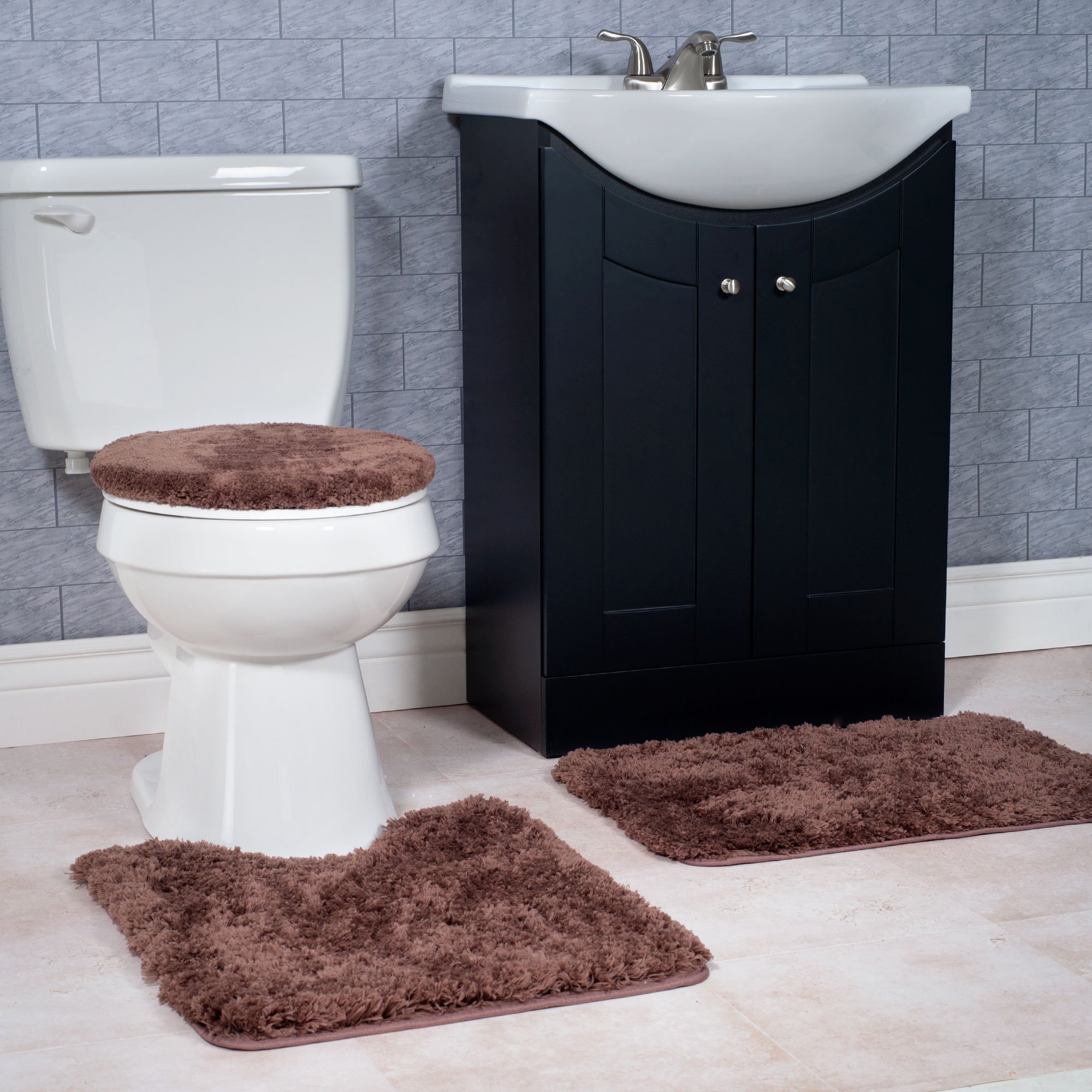 Lavish Home 3-Piece Non-Slip Bathroom Rug Set - Soft Absorbent Bath Mat, Contour Mat & Toilet Lid Cover - Machine Washable - Brown - Perfect for Bathroom Safety & Comfort