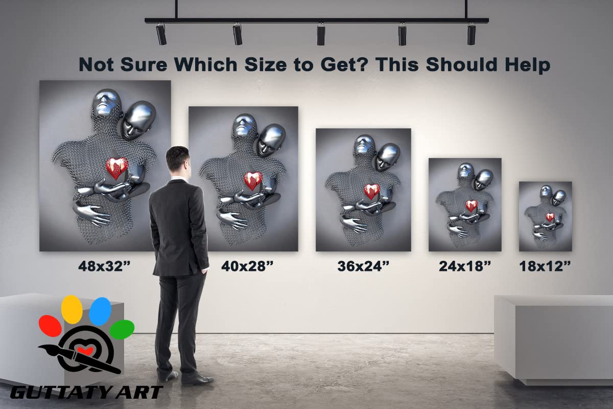 3D Metal Heart Wall Art - Gray Hugging Couple Canvas Print for Bedroom & Living Room Decor - Valentine's Day Gift for Couples - 32x48 Inches - Perfect Romantic Home Decor for Anniversary, Wedding & Housewarming Gifts