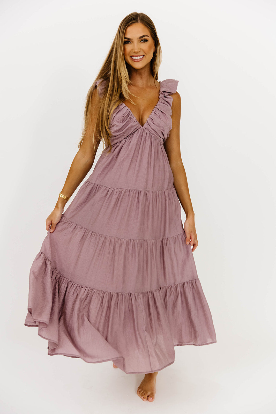 Yvonne Women's Floral Tiered Maxi Dress in Dusty Lavender - Elegant Boho Summer Beach Dress for Vacation, Wedding & Outdoor Events