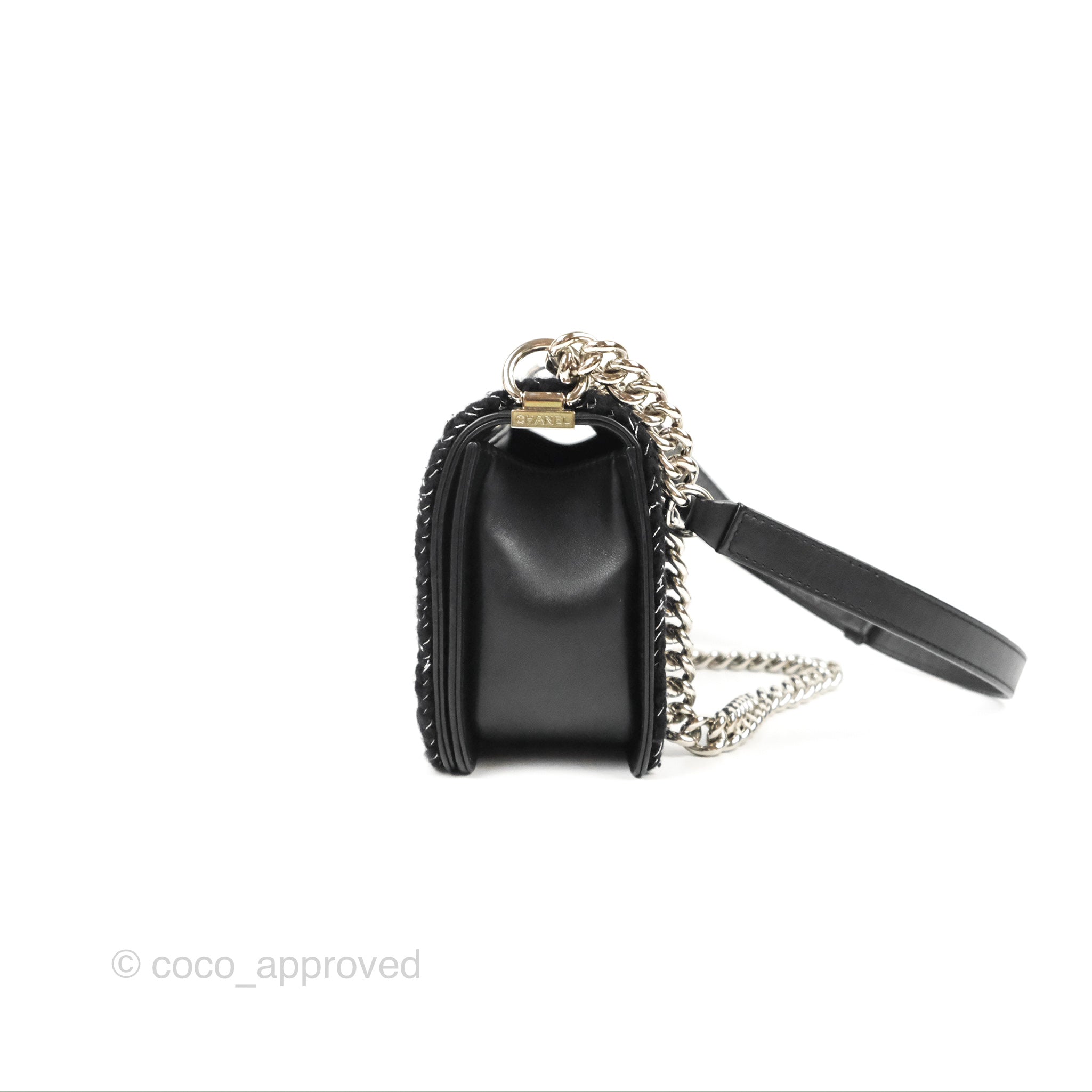 Chanel Chevron Braid Around Chain Boy Bag - Black Calfskin Leather with Silver Hardware | Luxury Crossbody Bag for Women, Perfect for Date Night & Evening Events