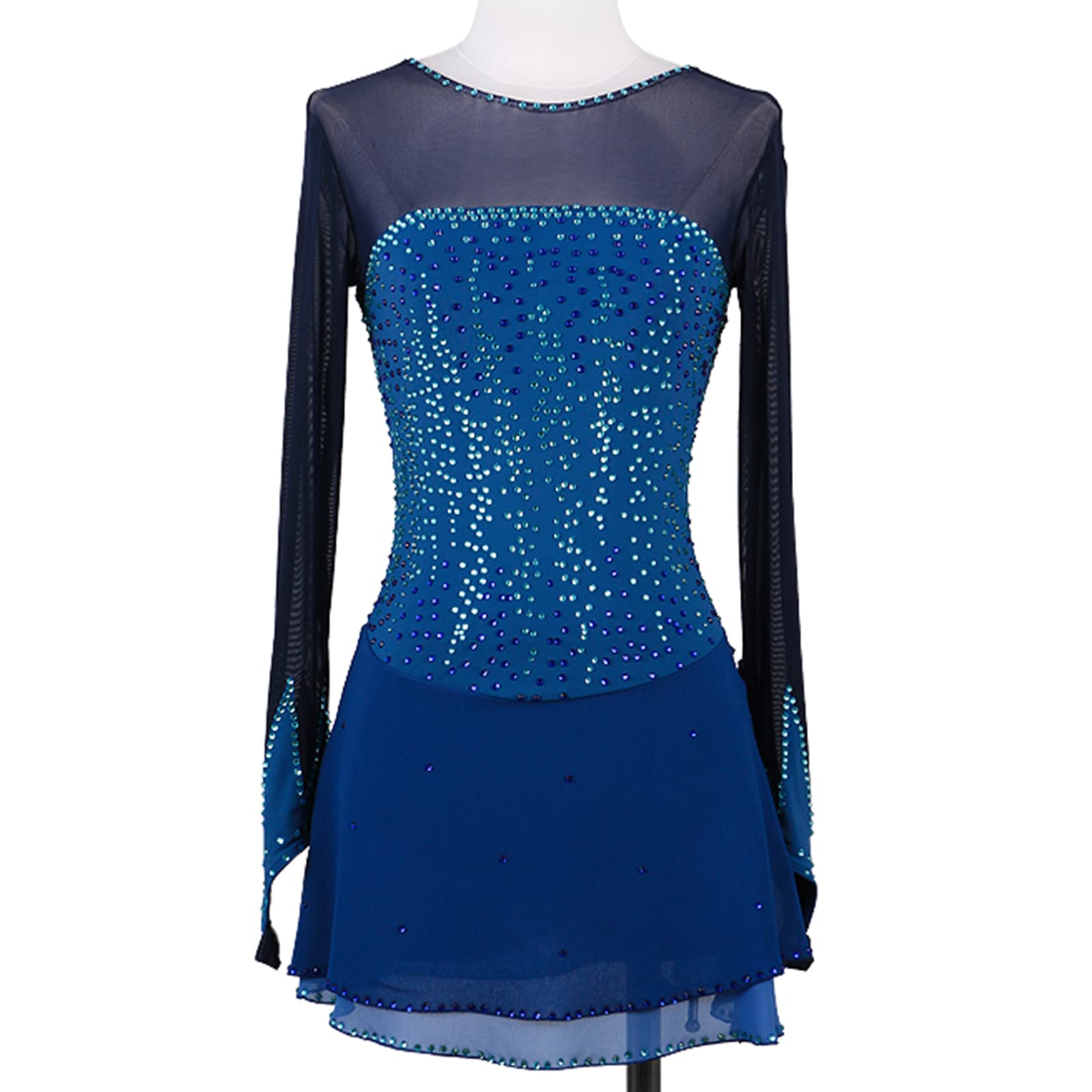 Figure Skating Dress for Girls & Women - Long Sleeve Ice Skating Costume in Blue - Size 14 Years - Perfect for Competitions, Performances & Practice