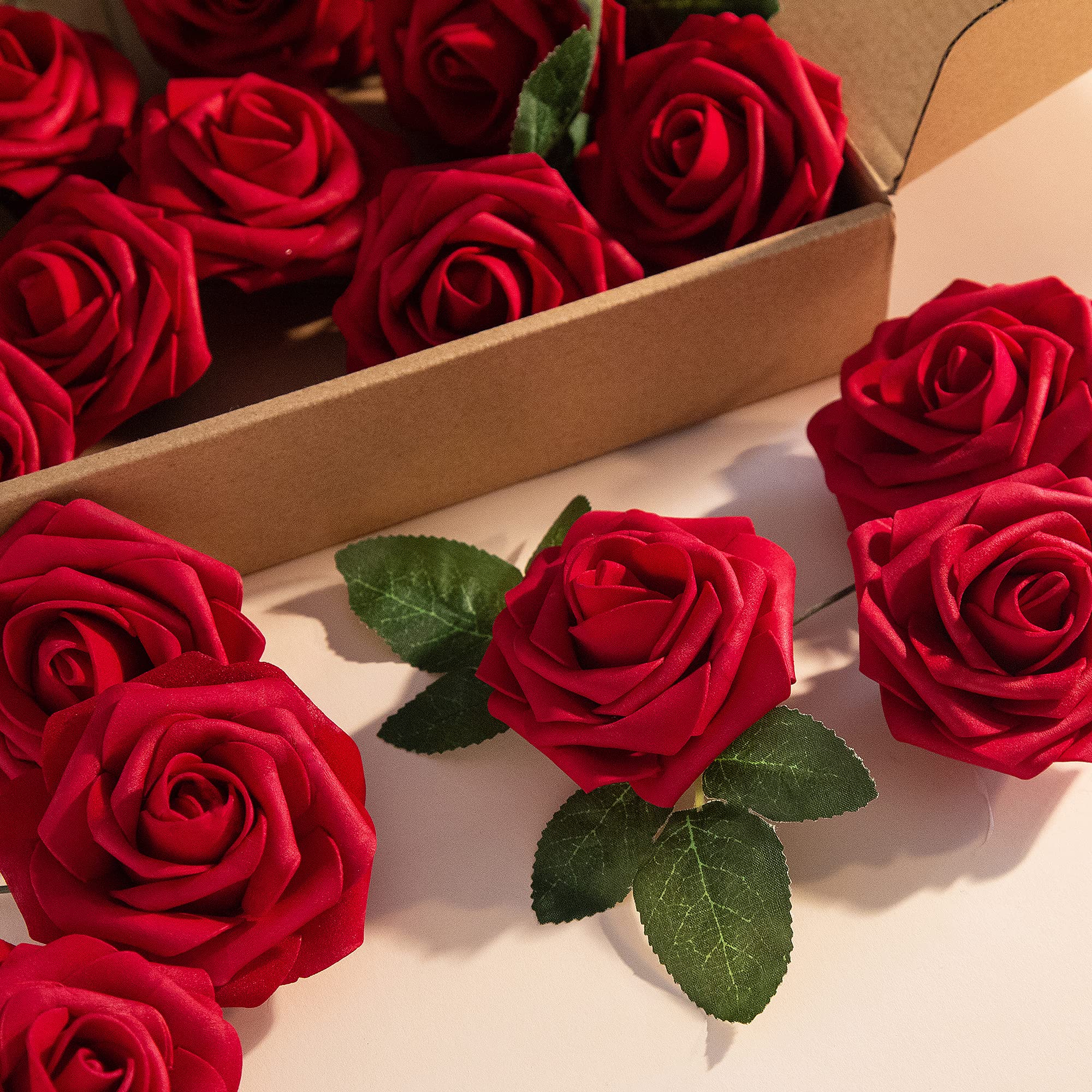 50pcs Realistic Dark Red Silk Rose Artificial Flowers with Stems & Leaves - Wedding Bouquets, DIY Centerpieces, Home Decor, Party & Garden Decoration - Perfect for Valentine's Day, Anniversary Gifts & Table Arrangements