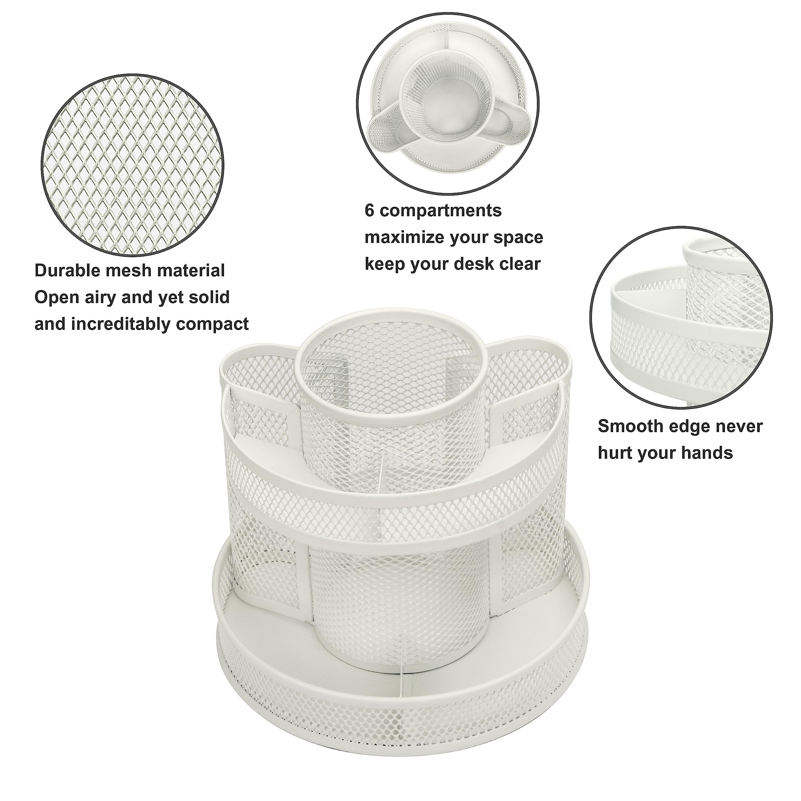 Annovo 6-Compartment Rotating Mesh Desk Organizer - Spinning Round Pen & Candy Holder for Office, Art Supplies, Storage | Perfect for Classroom, Home & Workspace (White)
