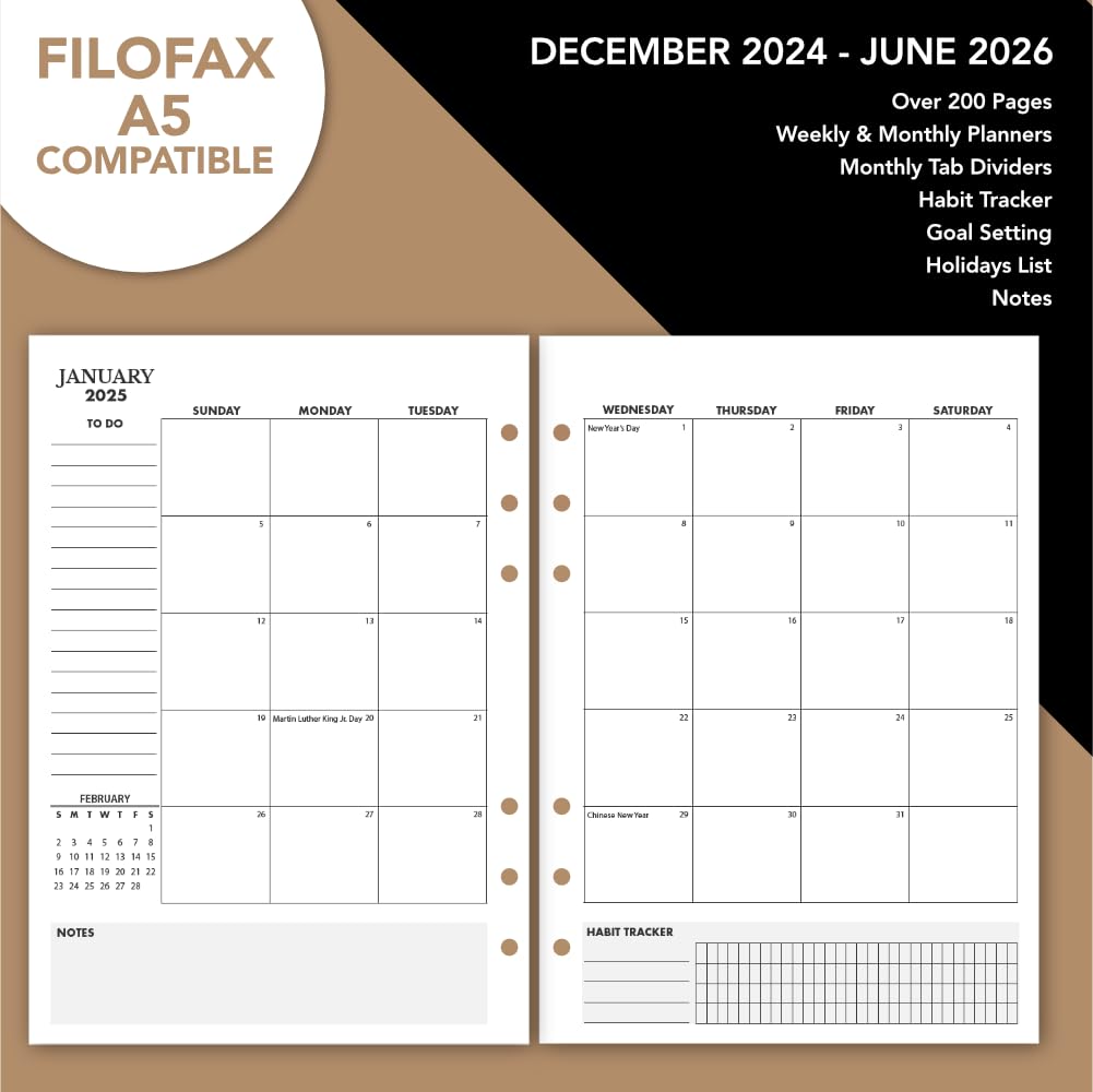 Wanderings 2025-2026 Monthly Weekly Planner Refill Inserts - Ivory A5 6-Ring Binder Calendar for Filofax (8.25