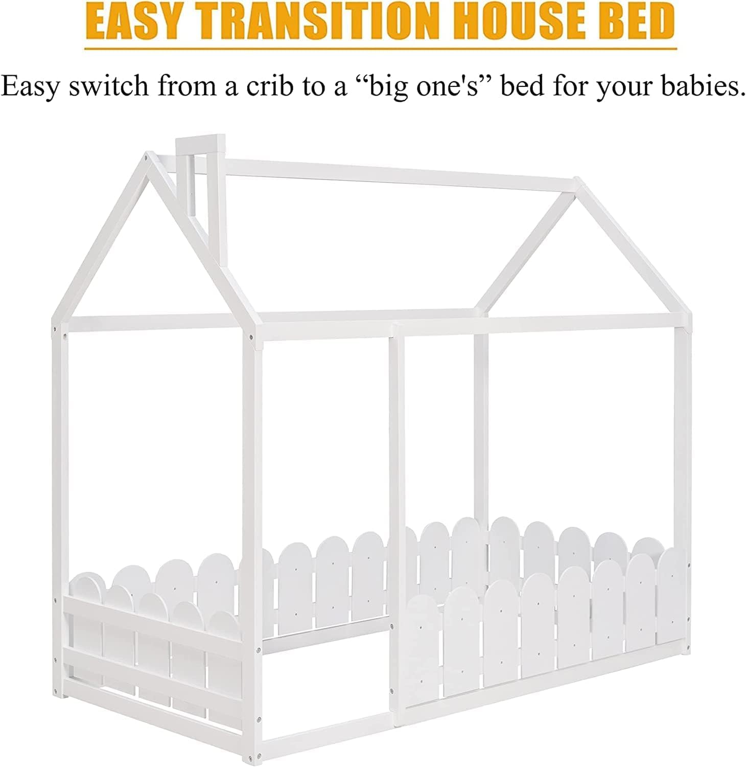 Harper & Bright Designs Twin Floor Bed for Kids - Wood Montessori Bed with Safety Rails - Low Profile House Bed for Toddlers, Girls & Boys (Twin Size, White) - Perfect for Montessori Bedrooms, Nursery Rooms & Kids' First Big Bed