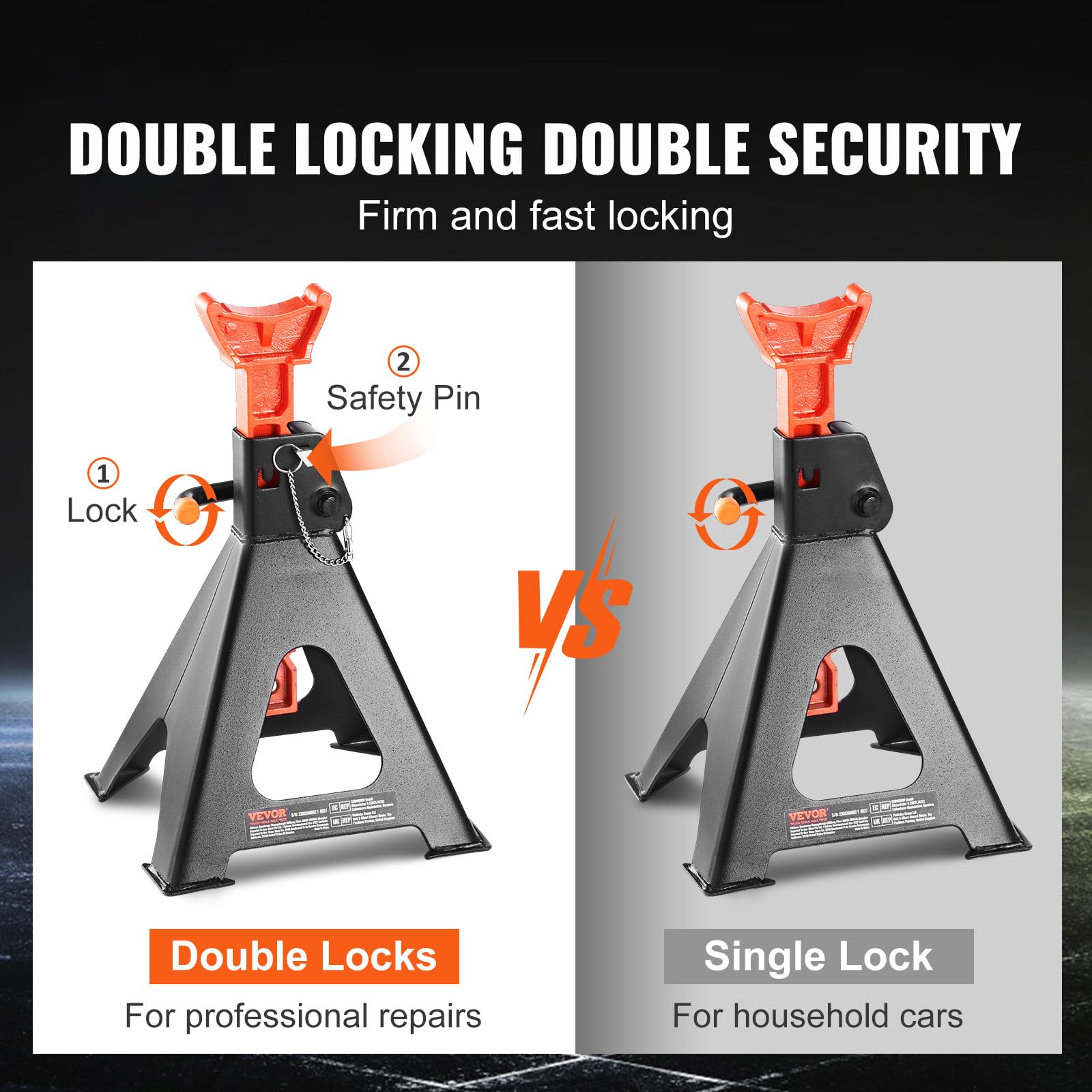 VEVOR 6 Ton (13,000 lbs) Capacity Heavy Duty Jack Stands - Double Locking Safety, 14.2-23 Inch Adjustable Height - for SUV, Pickup Truck, Car & UTV/ATV Vehicle Maintenance & Repair - Red (1 Pair)