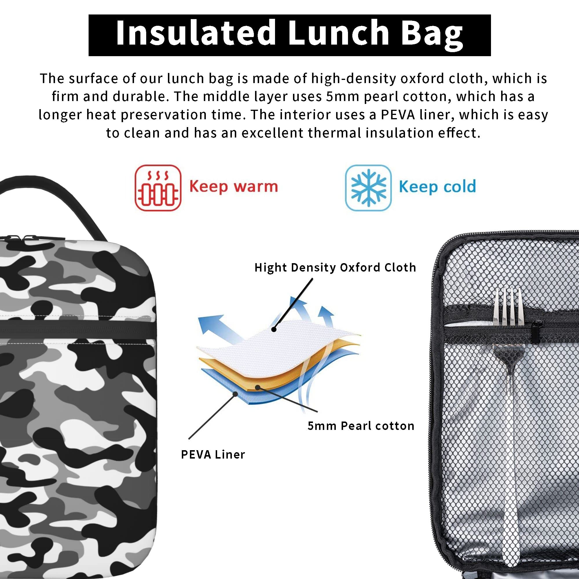 Black Camo Insulated Lunch Bag for Men & Women - Reusable Thermal Tote for Office, School, Camping & Picnic - Keeps Food Cold or Warm All Day