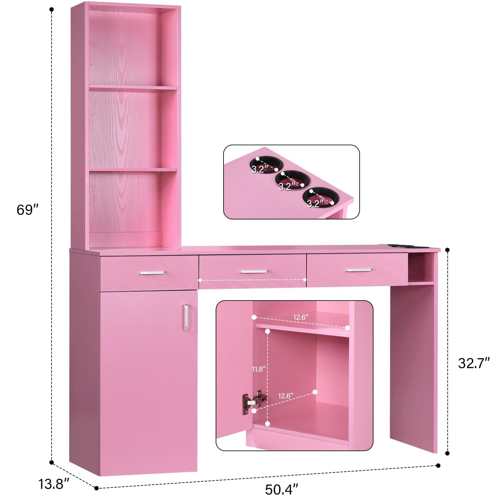 Professional Barber Station for Hair Stylists - Salon Wall Mount Cabinet with Hair Dryer Holder & Storage Drawers - Pink Beauty Salon Equipment for Home & Commercial Use