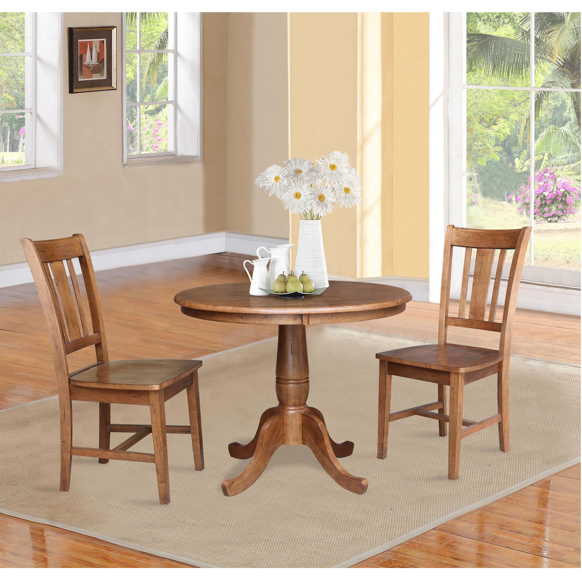 IC International Concepts 36-inch Round Pedestal Dining Table with 2 San Remo Chairs - Distressed Oak Finish - Perfect for Small Spaces, Breakfast Nooks & Cozy Kitchens