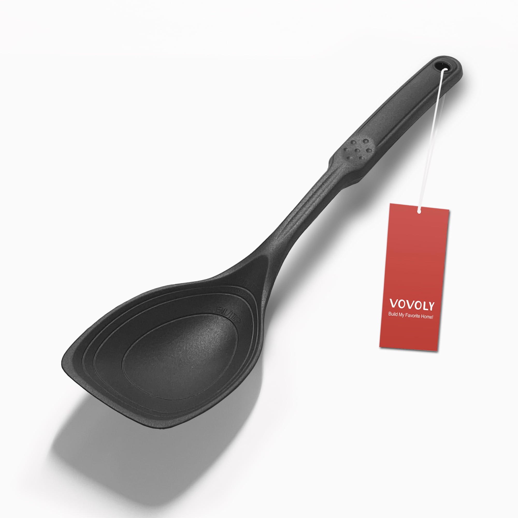 Large Silicone Cooking Spoon Set - Non-Stick Solid Kitchen Utensils with Deep Bowl & Measurement Marks for Mixing, Serving, Draining, Scooping & Scraping - Heat Resistant Black Spatula for Baking, Cooking & Meal Prep