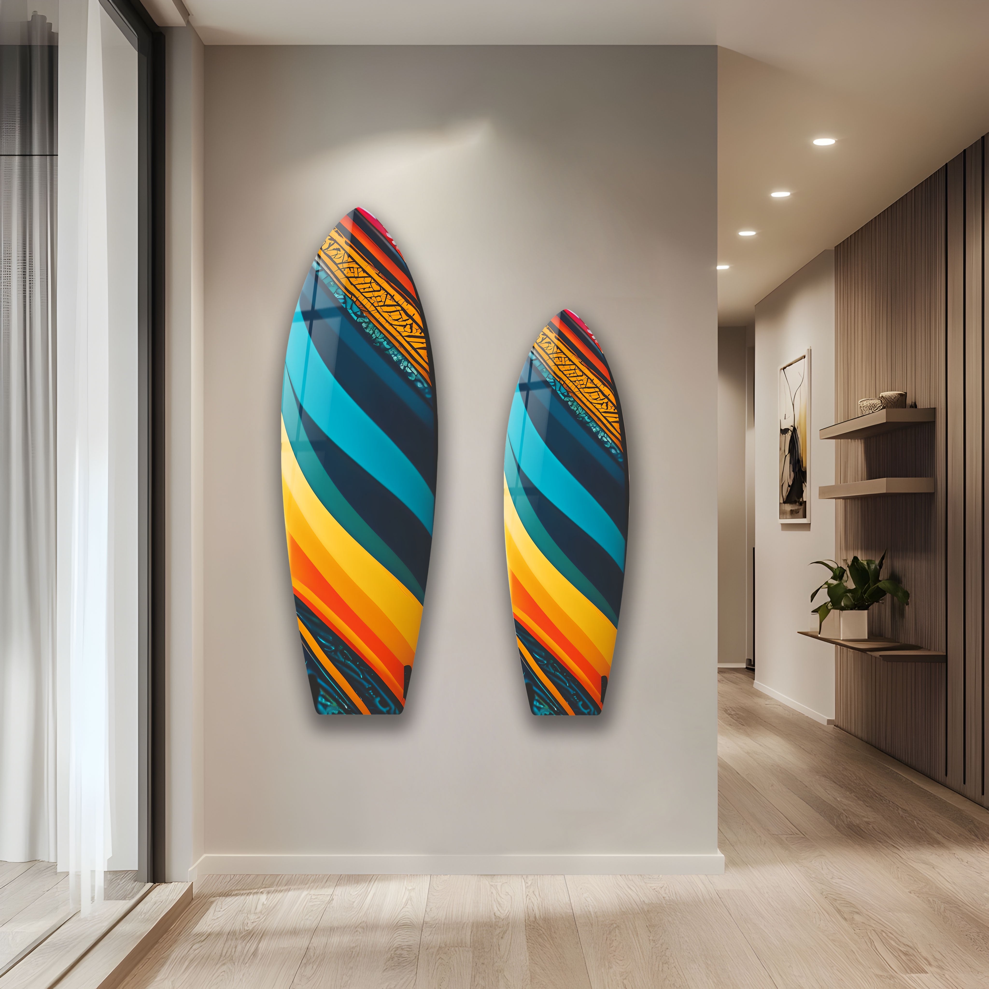 Blue Orange Art Surfboard Wall Decor - Stylish Coastal Surfboard Wall Art for Beach House, Living Room & Bedroom Decor