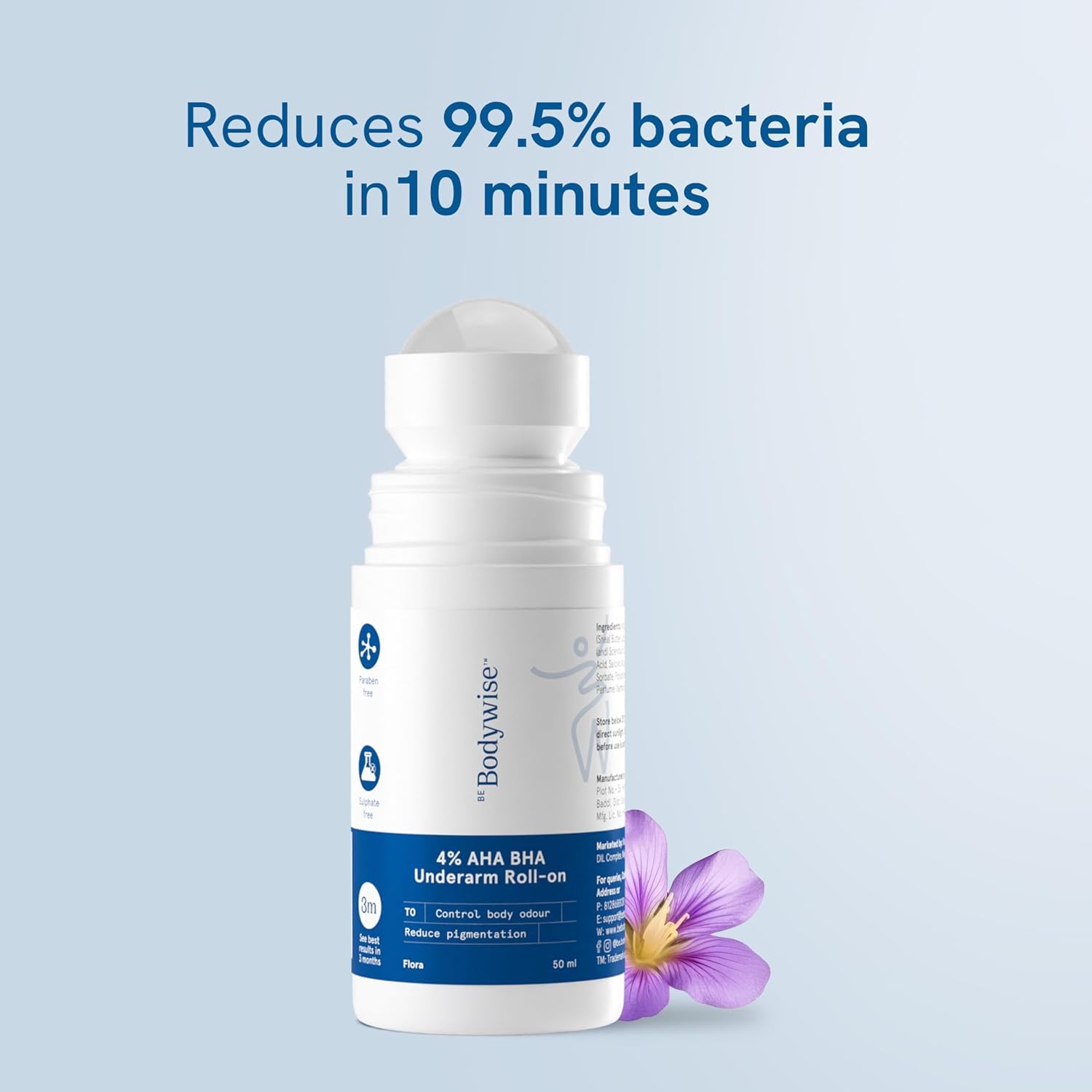 B'odywise 4% AHA BHA Underarm Roll On with 2% Lactic Acid & 1% Mandelic Acid - Natural Deodorant for Odor Prevention, Dark Underarm Treatment, Brightening & Exfoliating - Alcohol-Free, Aluminum-Free, Floral Scent (1.69 Fl Oz) | Perfect for Daily Use, Gym, Travel & Sensitive Skin Care