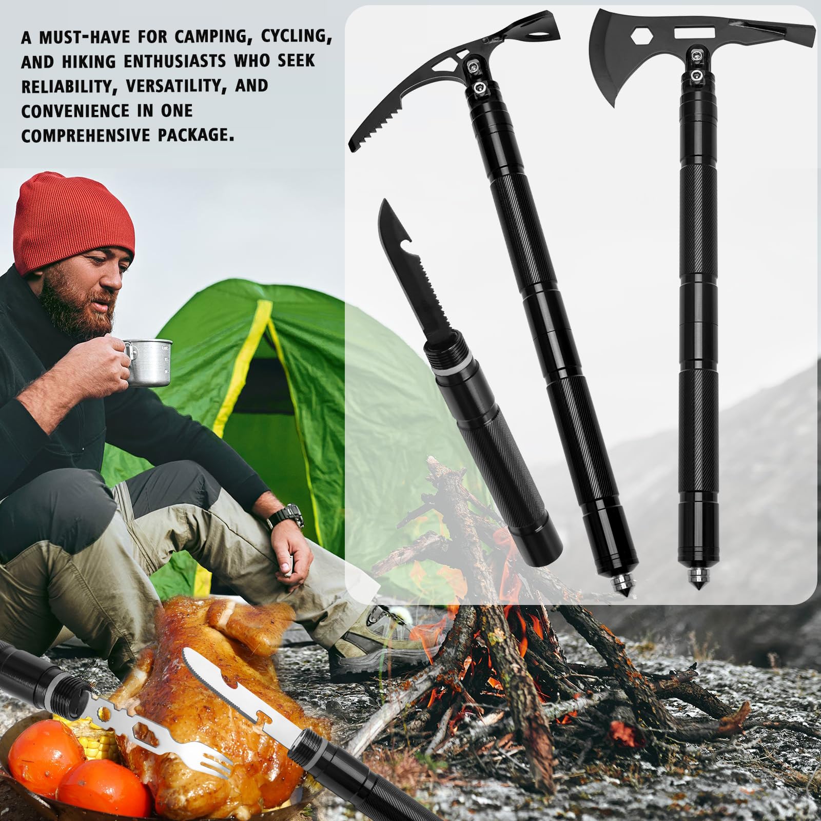 Folding Camping Shovel Axe Kit - Multifunctional Survival Tactical Shovel & Hatchet Combo with Flashlight | Military Grade Emergency Gear for Camping, Hiking, Cycling & Outdoor Adventures | Perfect for Wilderness Survival, Backpacking & Emergency Preparedness