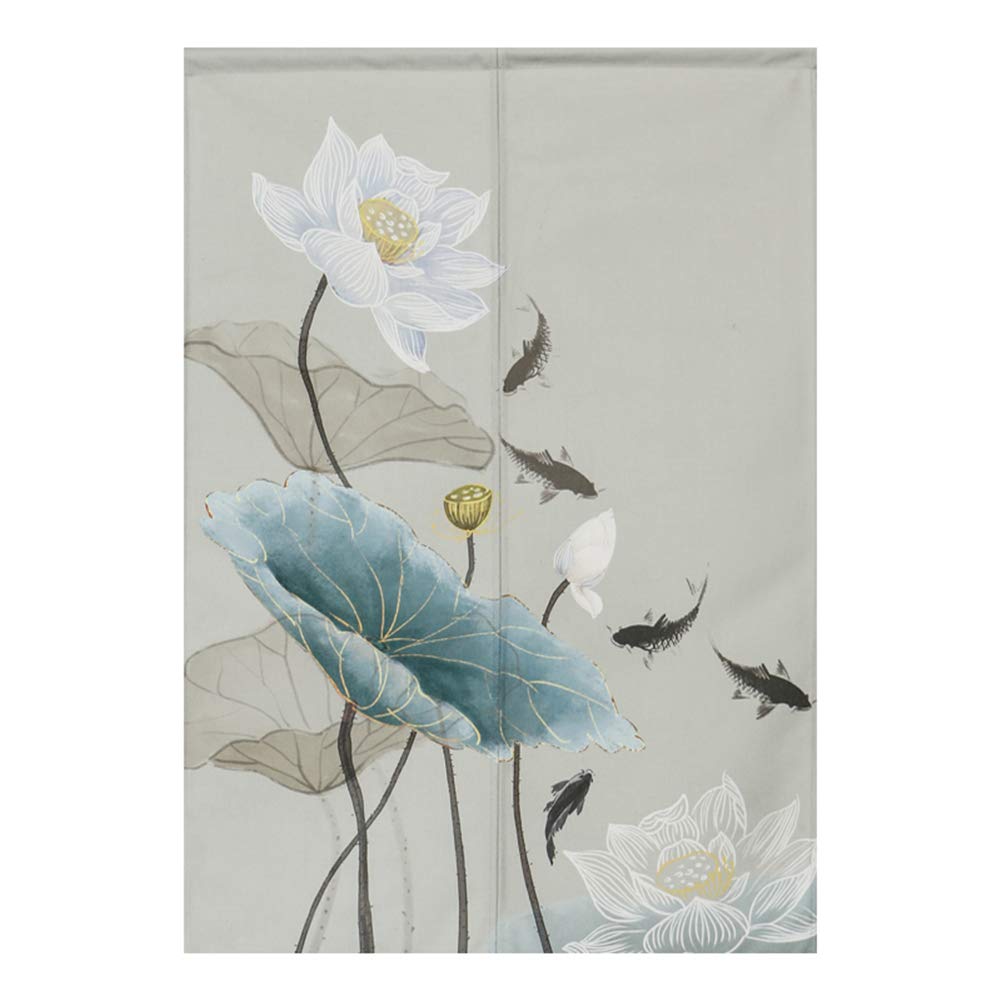 Japanese Noren Curtains - Cotton Linen Doorway Tapestry with Lotus Flower Design (29
