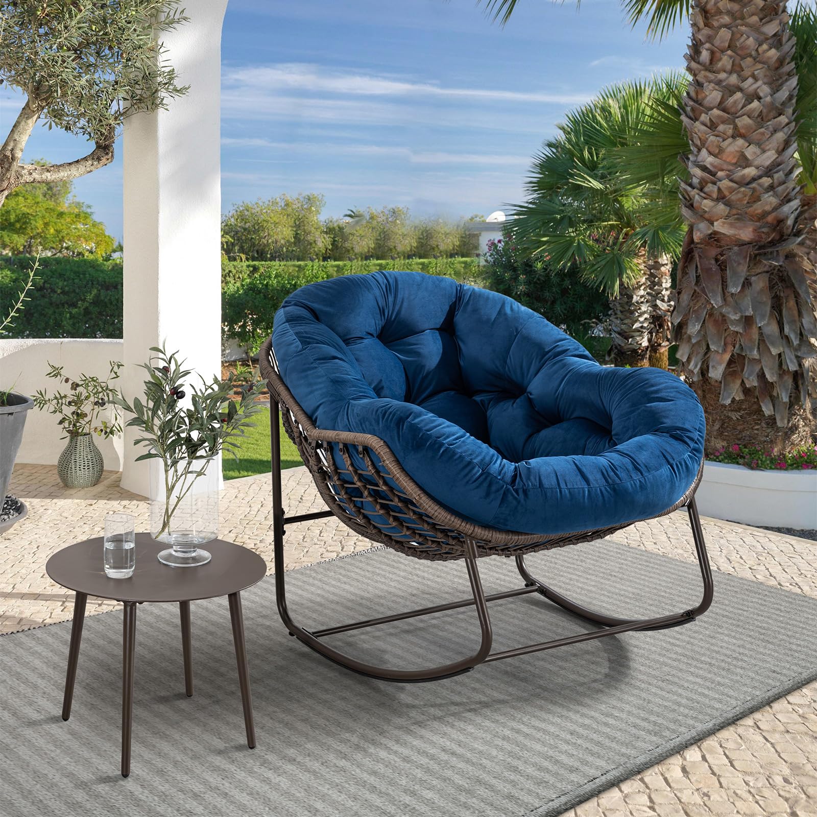 Outdoor Rocking Chair - Oversized Rattan Egg Rocking Chair with Padded Cushion for Patio, Garden, Porch, Balcony & Backyard - Modern Lounge Recliner Chair in Navy Blue - Perfect for Relaxing, Reading & Sunbathing