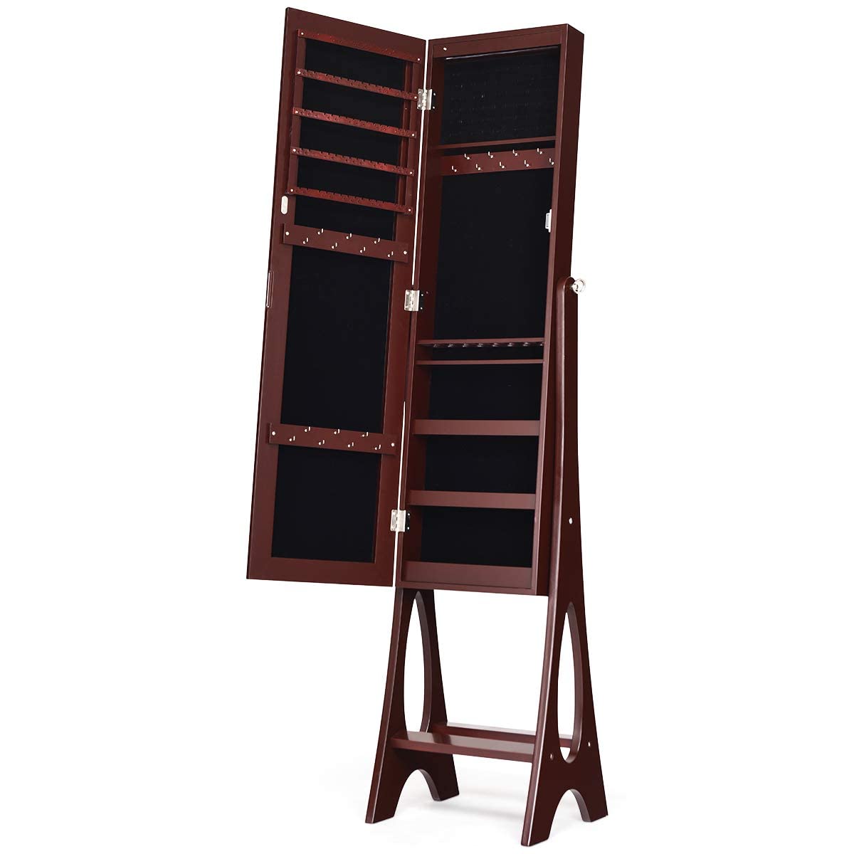 Giantex 12 LED Jewelry Armoire Cabinet with Frameless Full-Length Mirror - Standing Jewelry Organizer with 16 Lipstick Holders & Large Storage - 3 Angle Adjustable Brown Jewelry Cabinet for Bedroom, Dressing Room & Closet Organization